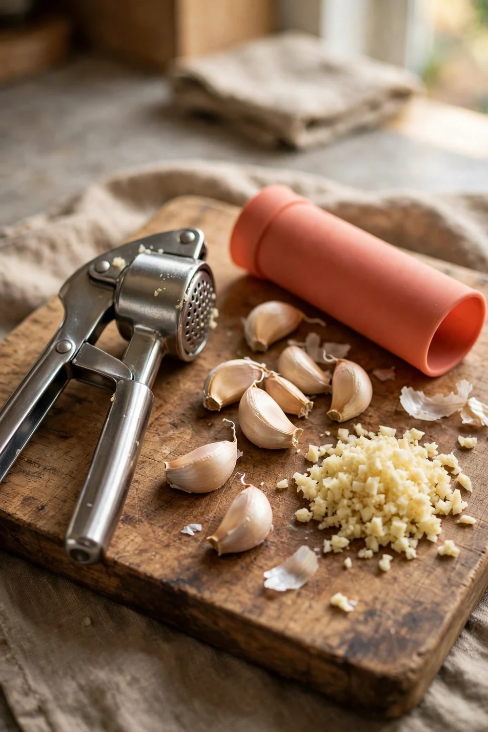 Garlic press and silicone peeler set beside garlic cloves