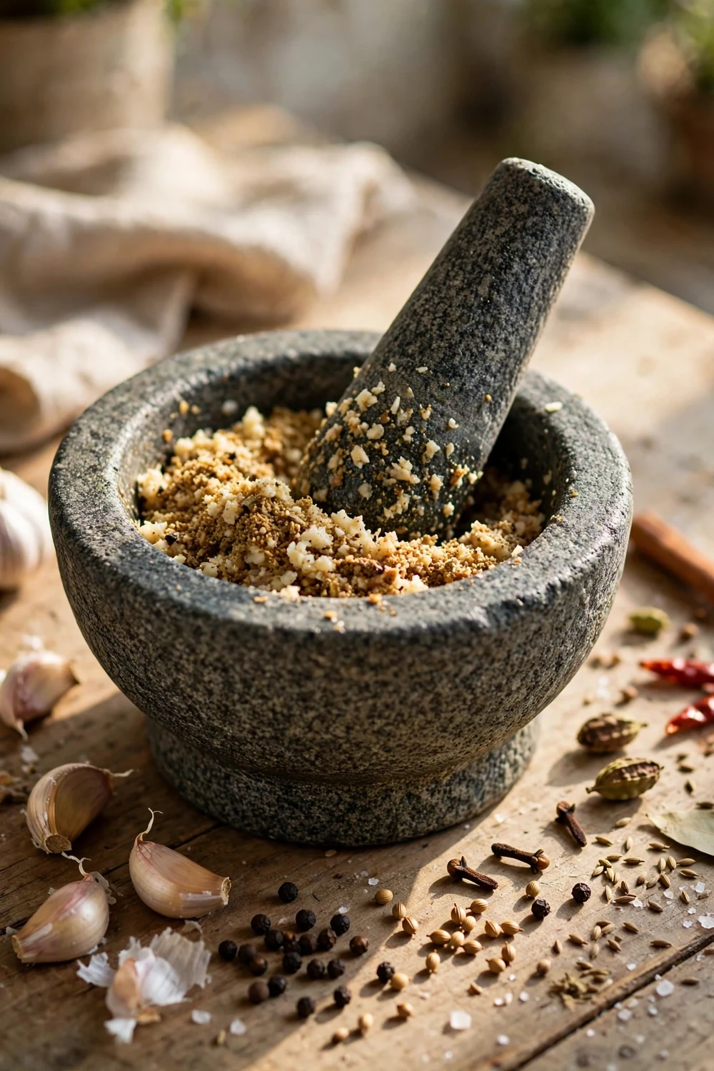 Mortar and pestle on a kitchen counter