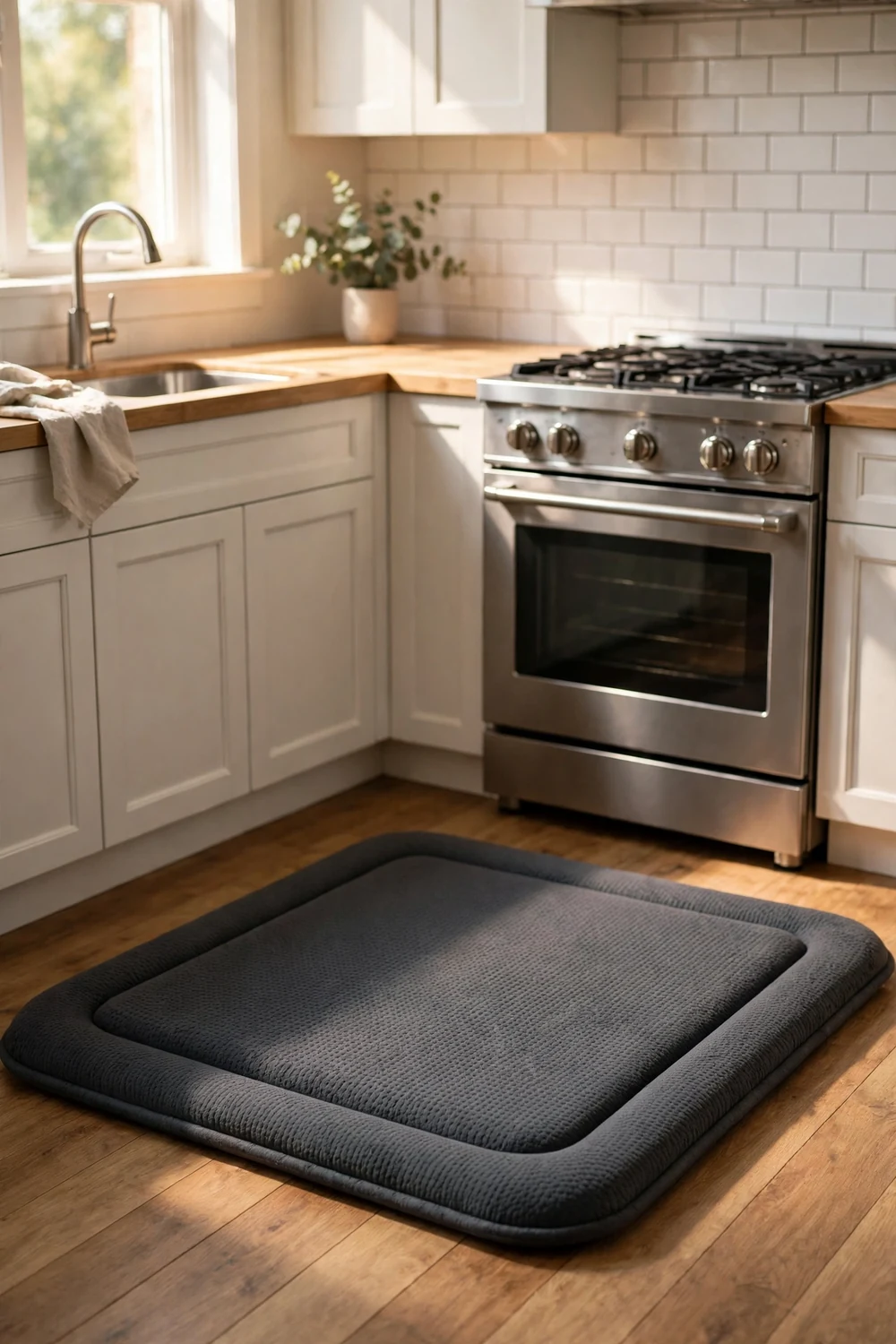 Cushioned anti-fatigue mat in front of a stove