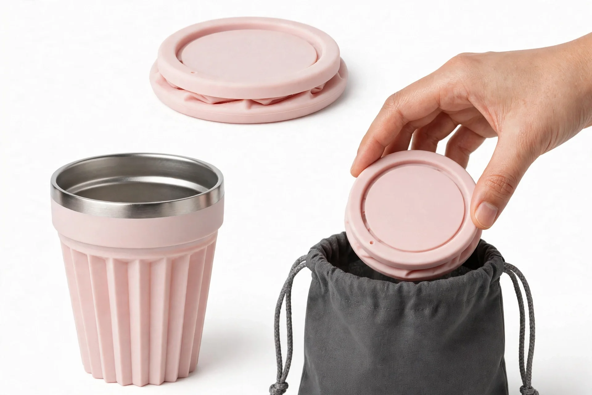 Pale pink collapsible cup shown collapsed, expanded with a silver rim, and being placed into a grey pouch