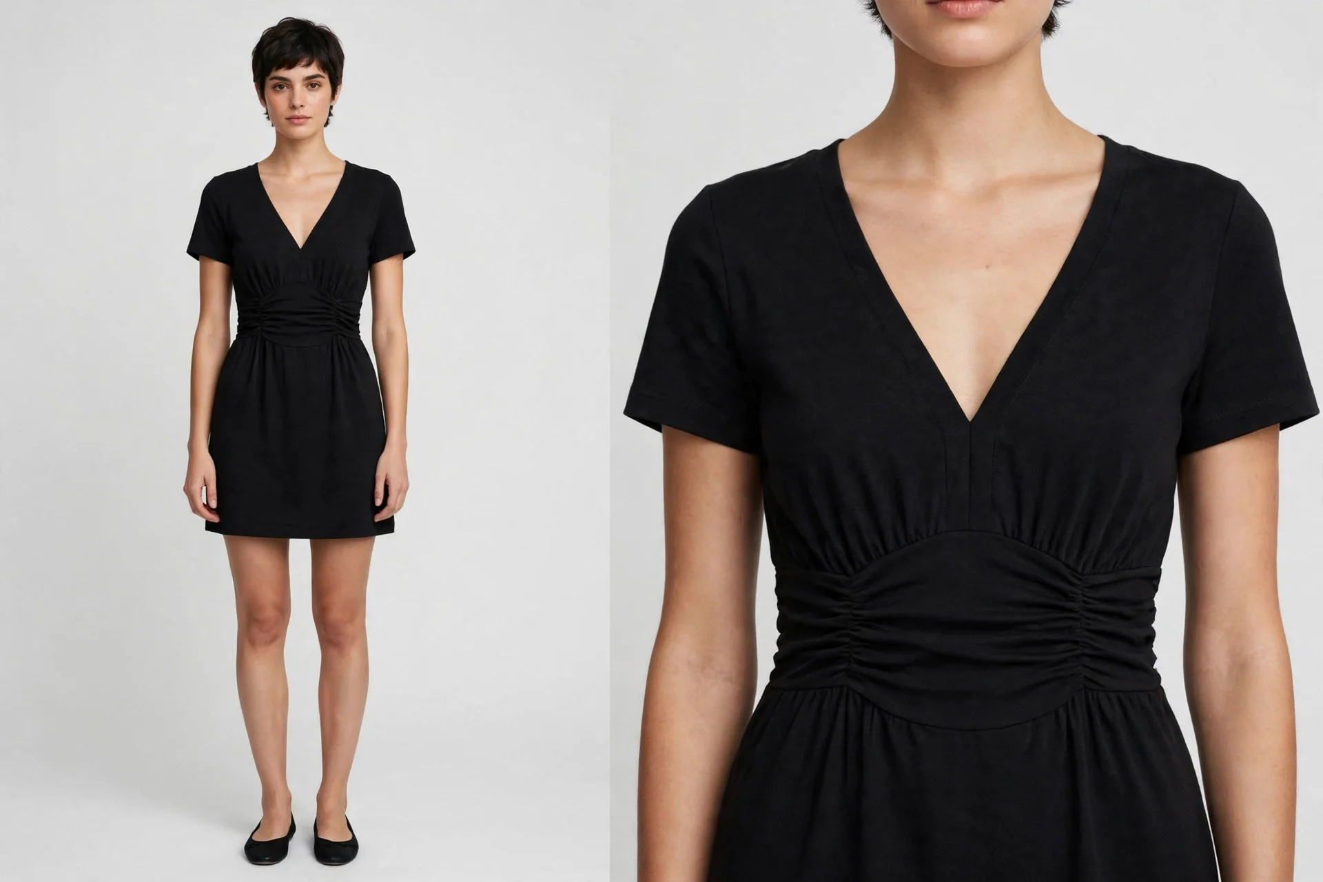 Black short-sleeve V-neck mini dress with black flats, full body view and torso close-up showing the V slit and gathered waist