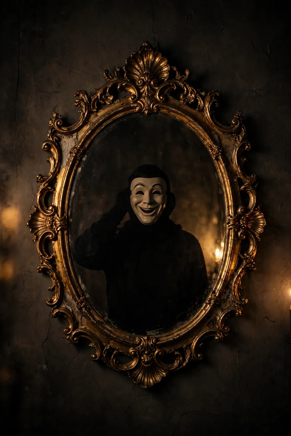 A person studying their reflection in a mirror