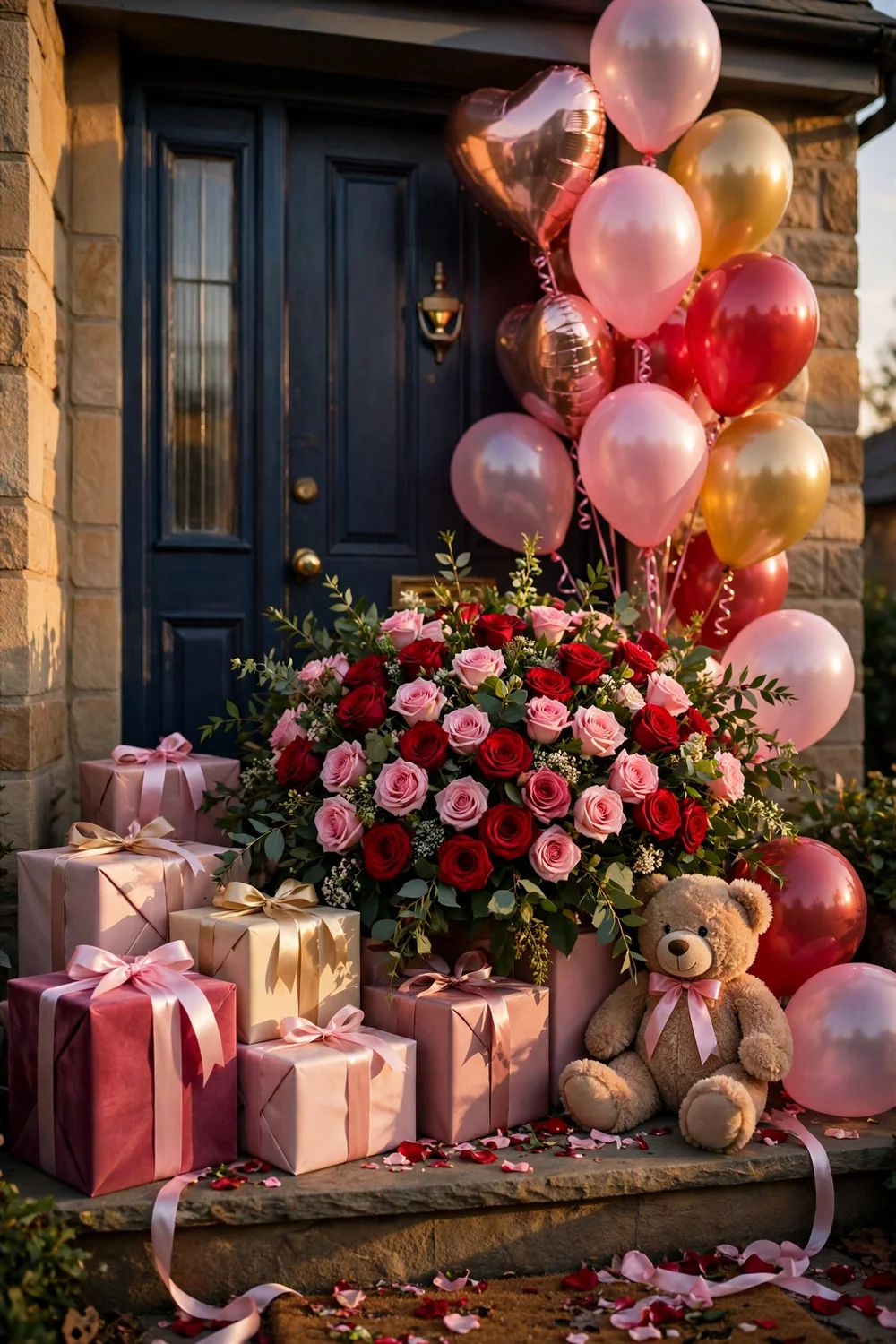 Extravagant flowers and gifts left on a doorstep