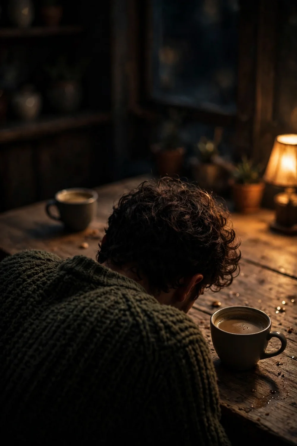 Two coffee cups on a table during a late-night conversation