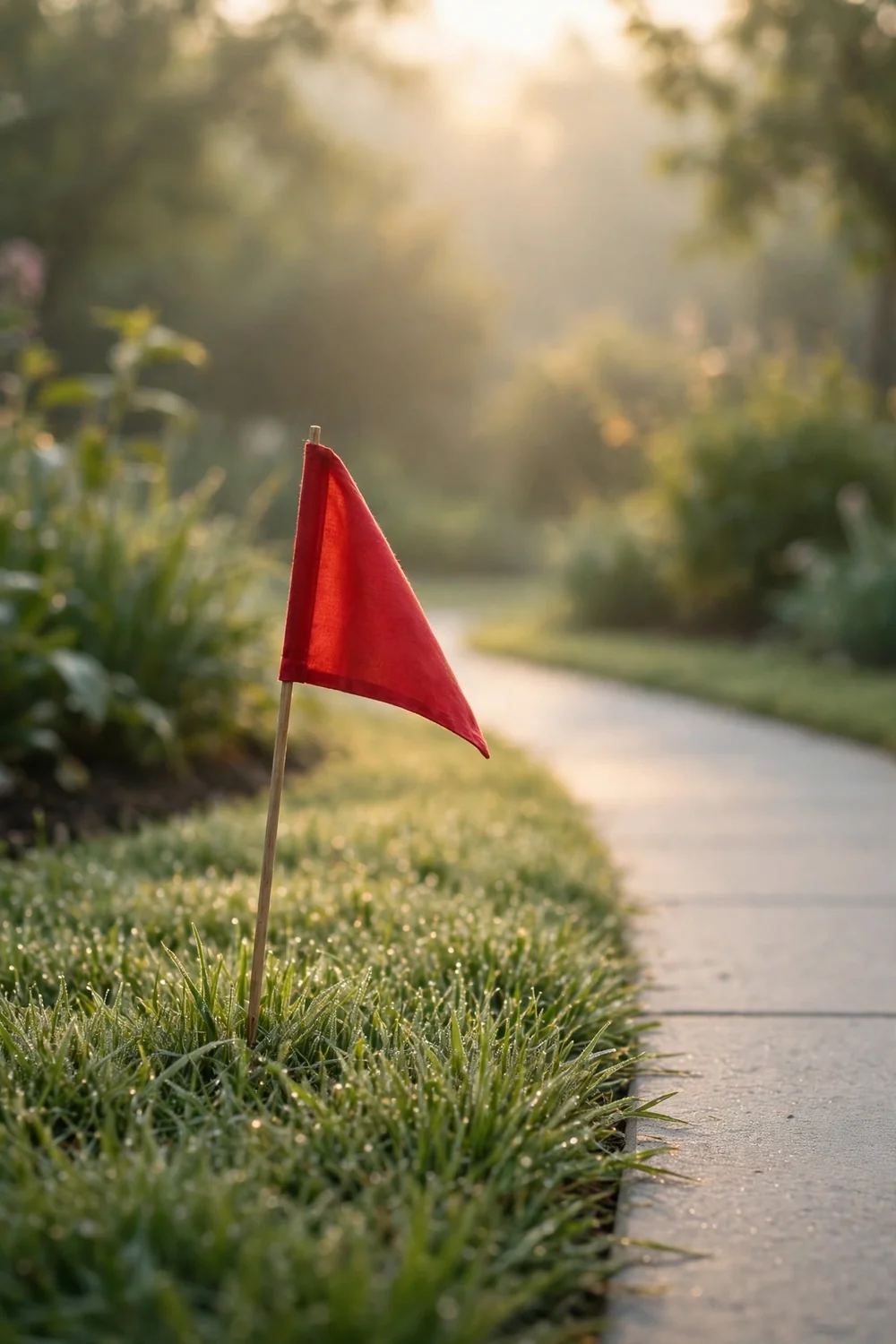 A small red flag planted beside a path