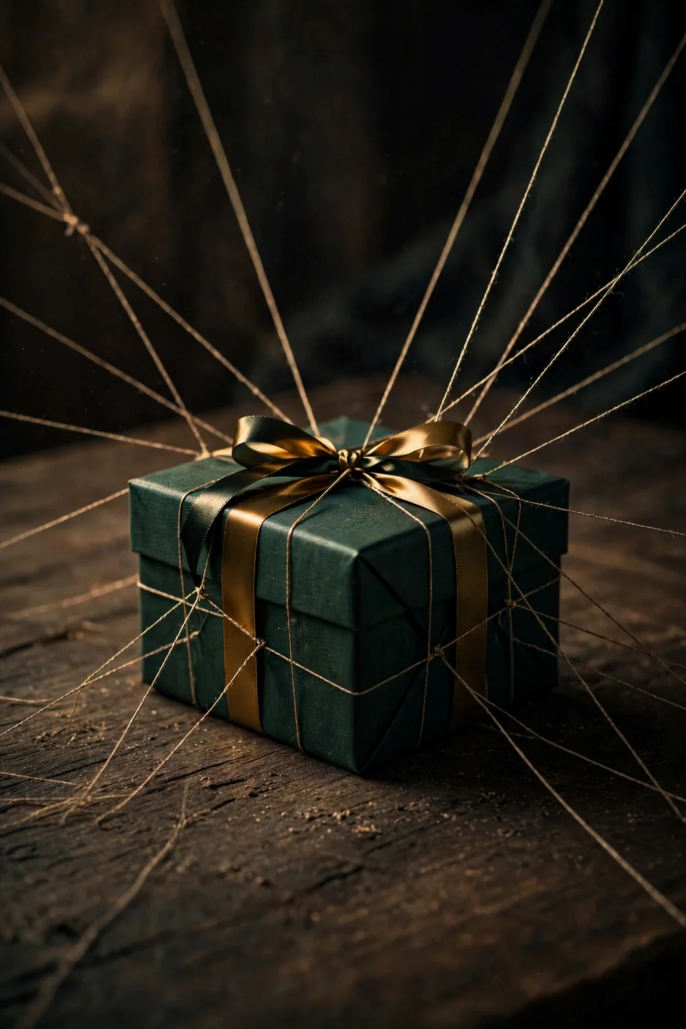 A gift box with many strings attached