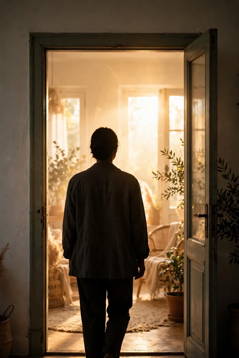 A door opening toward warm light