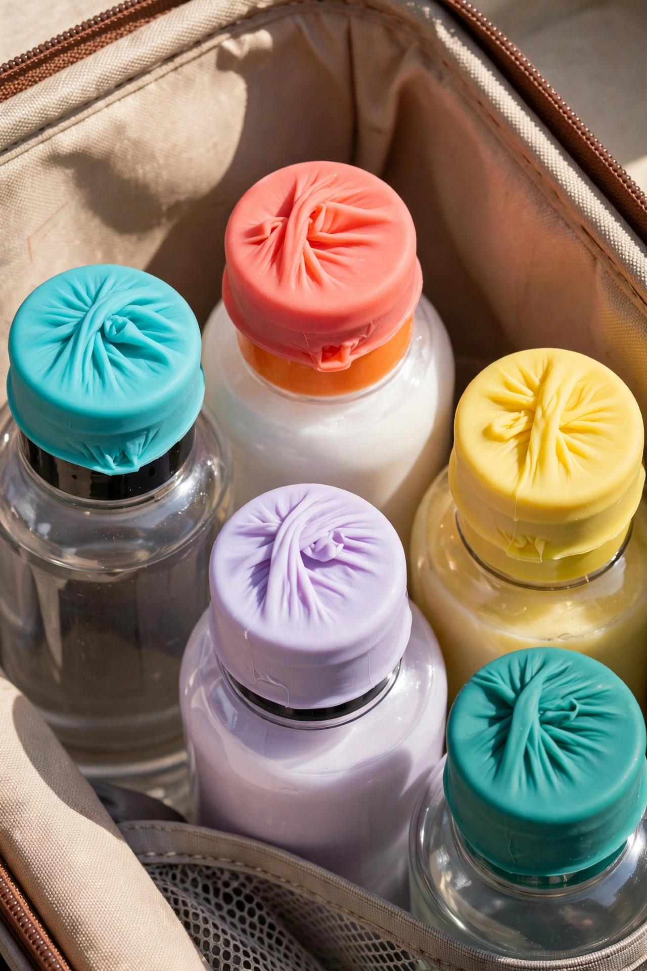 Silicone stretch covers over toiletry bottles in a suitcase