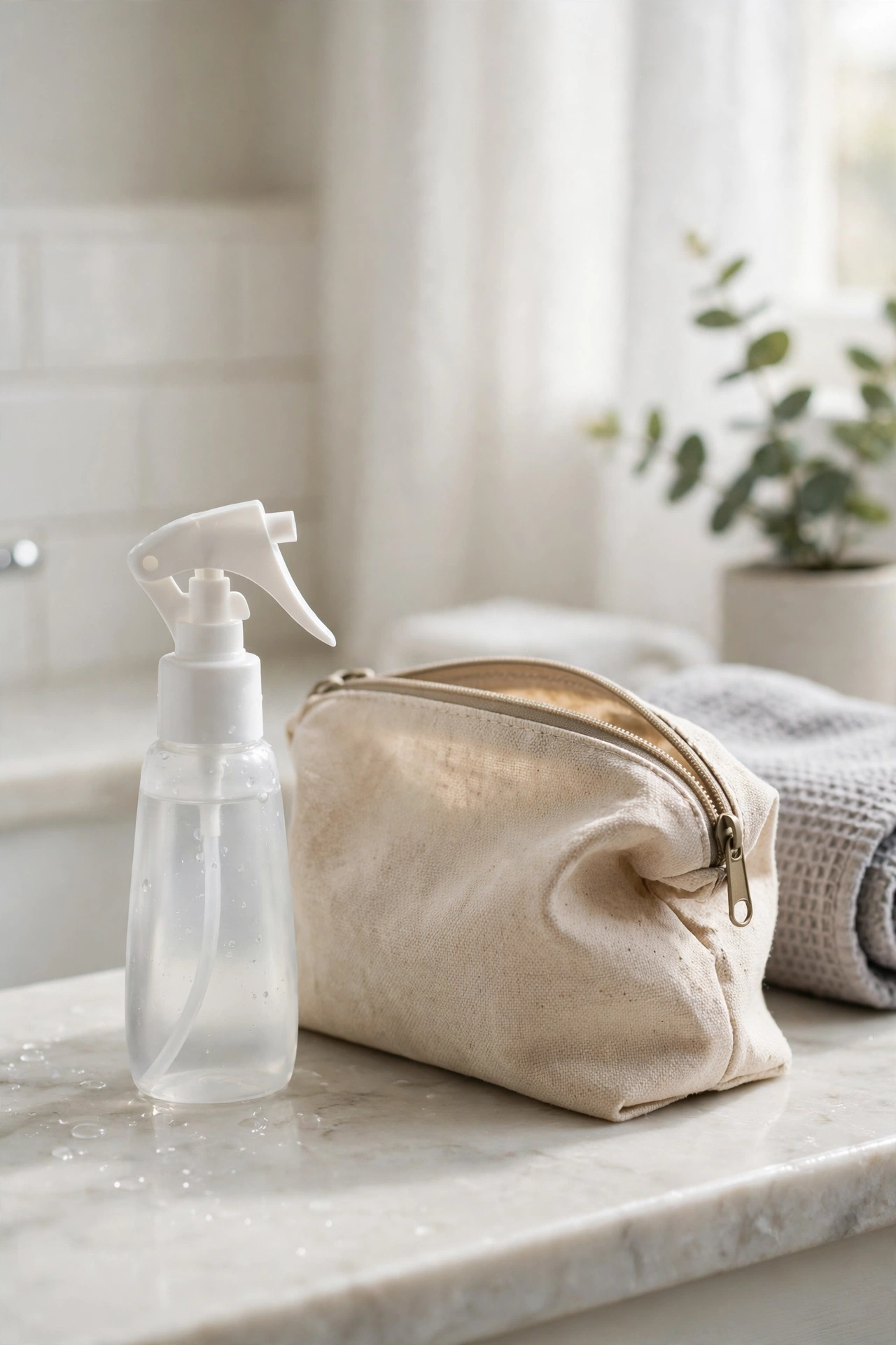Pocket-size before-you-go toilet spray next to a washbag