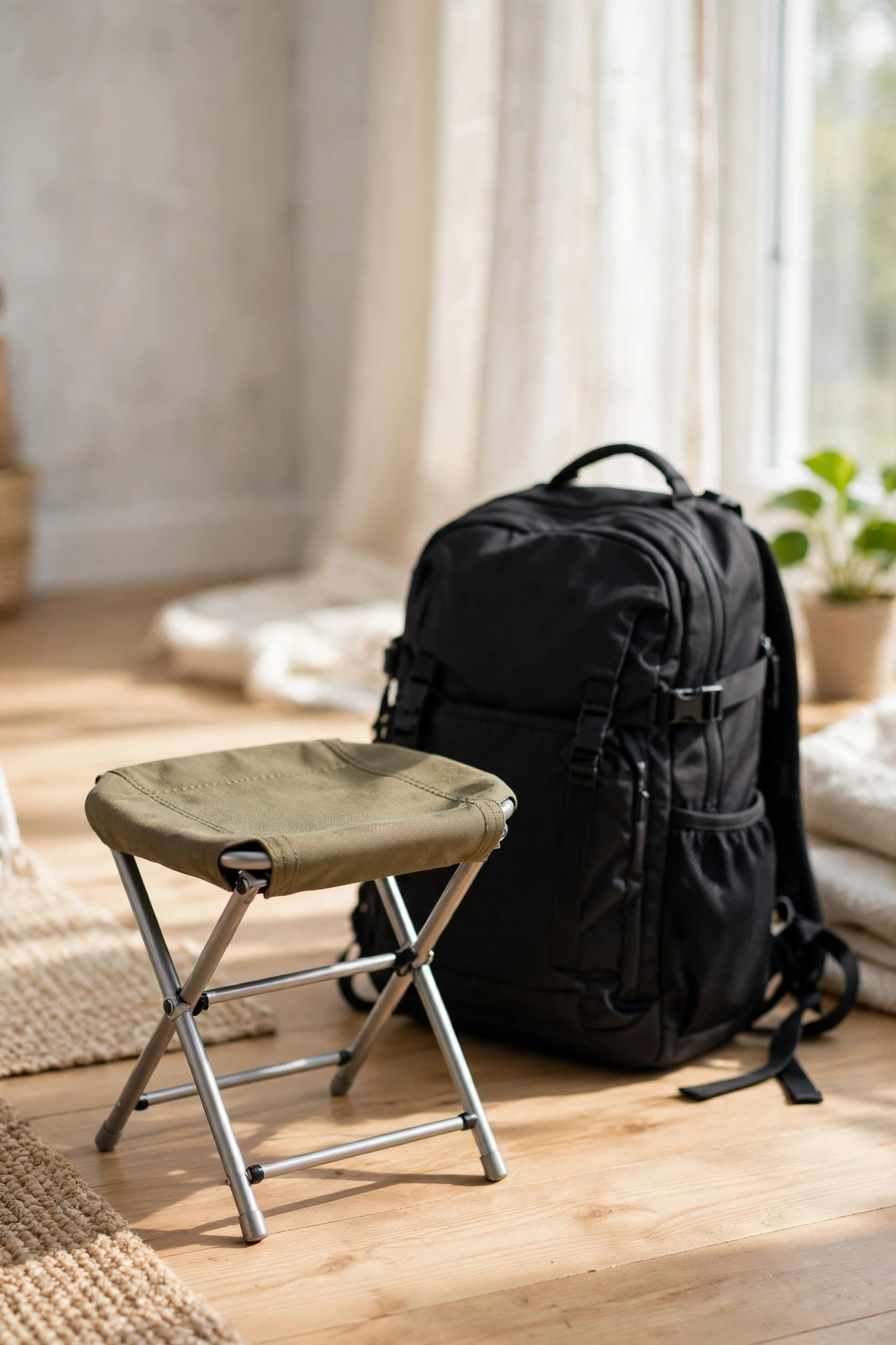 Small folding portable stool beside a backpack