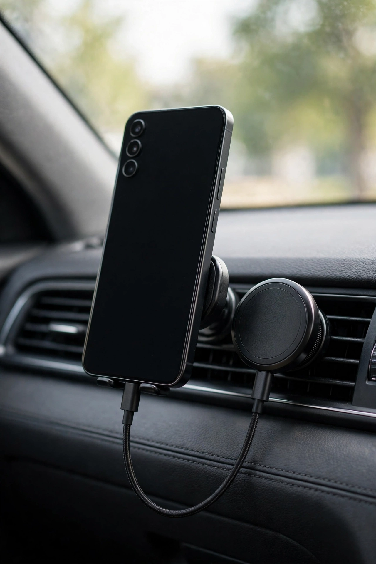 Magnetic phone mount charger clipped to a car air vent