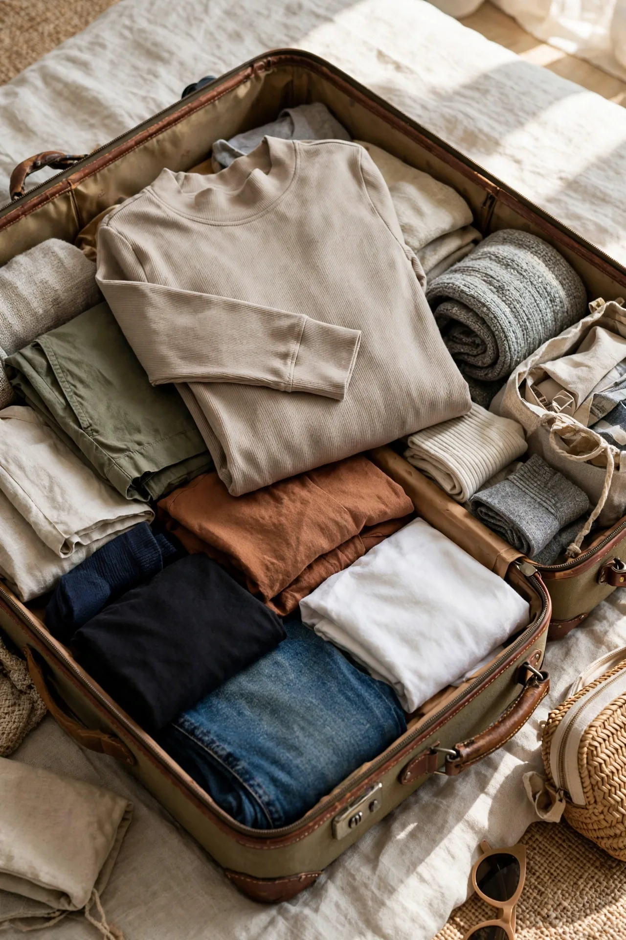 Fitted long-sleeve layering top folded in a suitcase