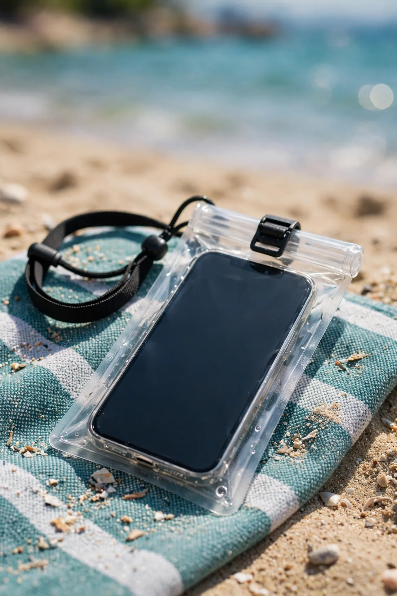 Phone sealed inside a transparent waterproof pouch at the beach