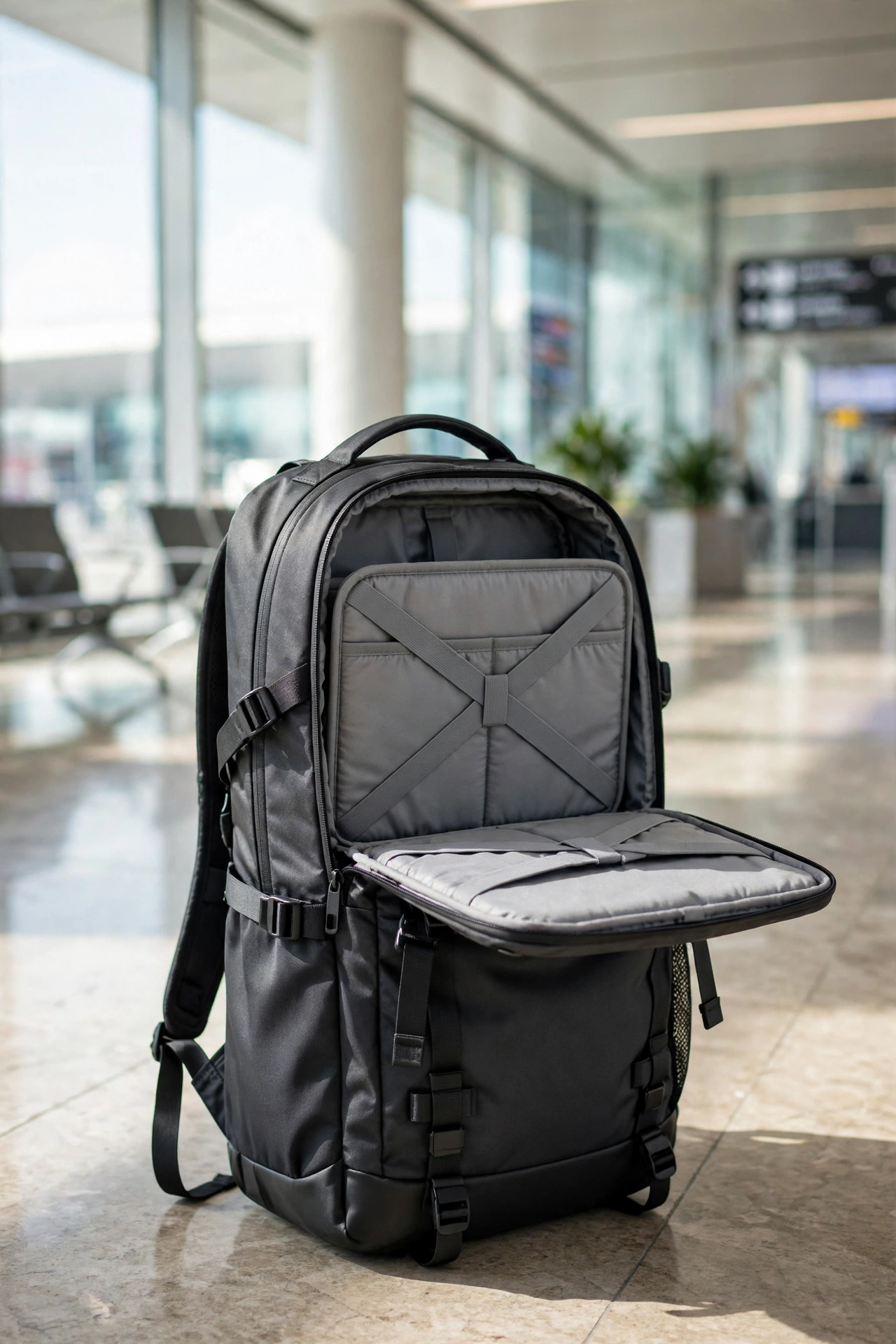 Carry-on travel backpack with laptop compartment open