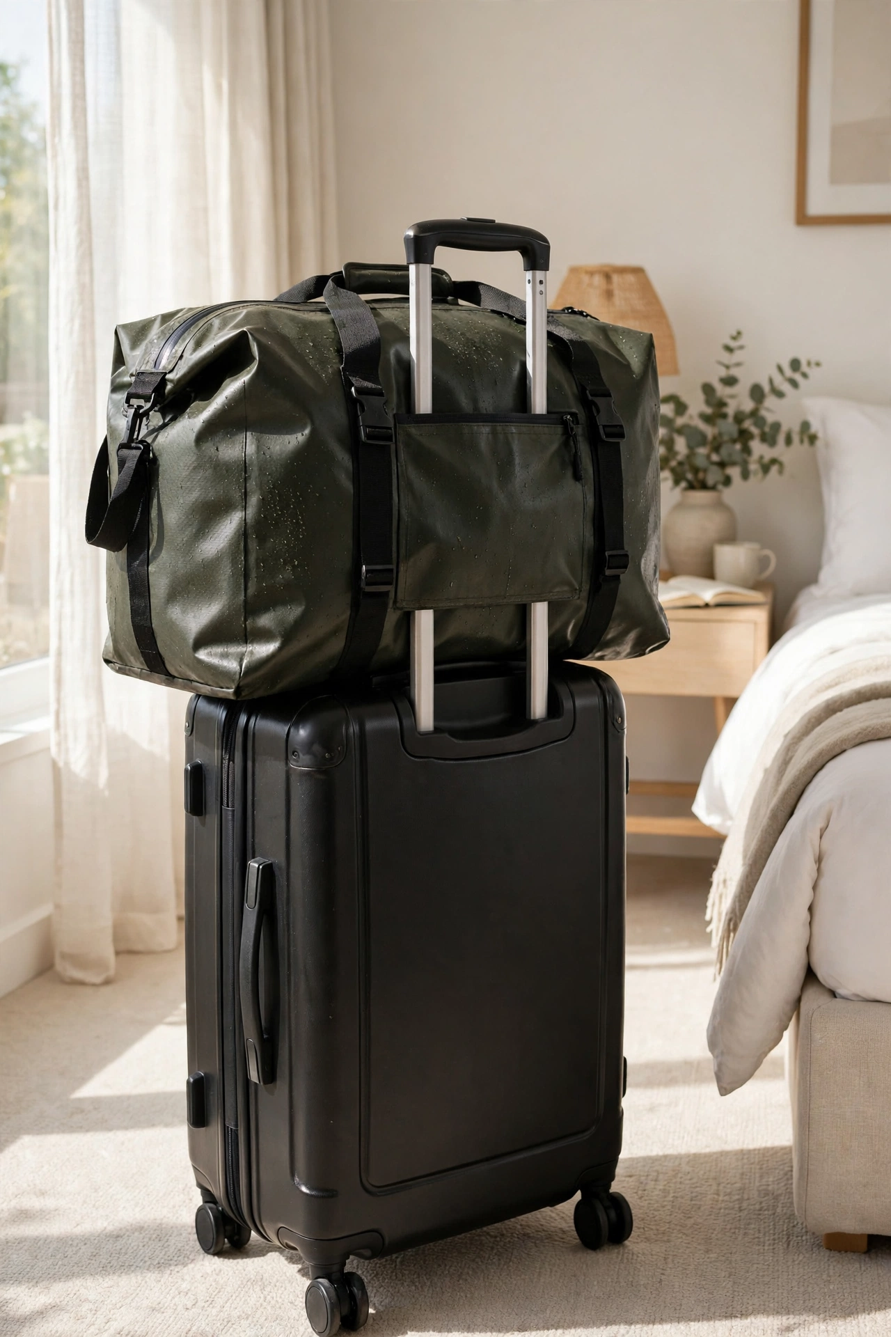Waterproof weekender duffel bag on a suitcase handle