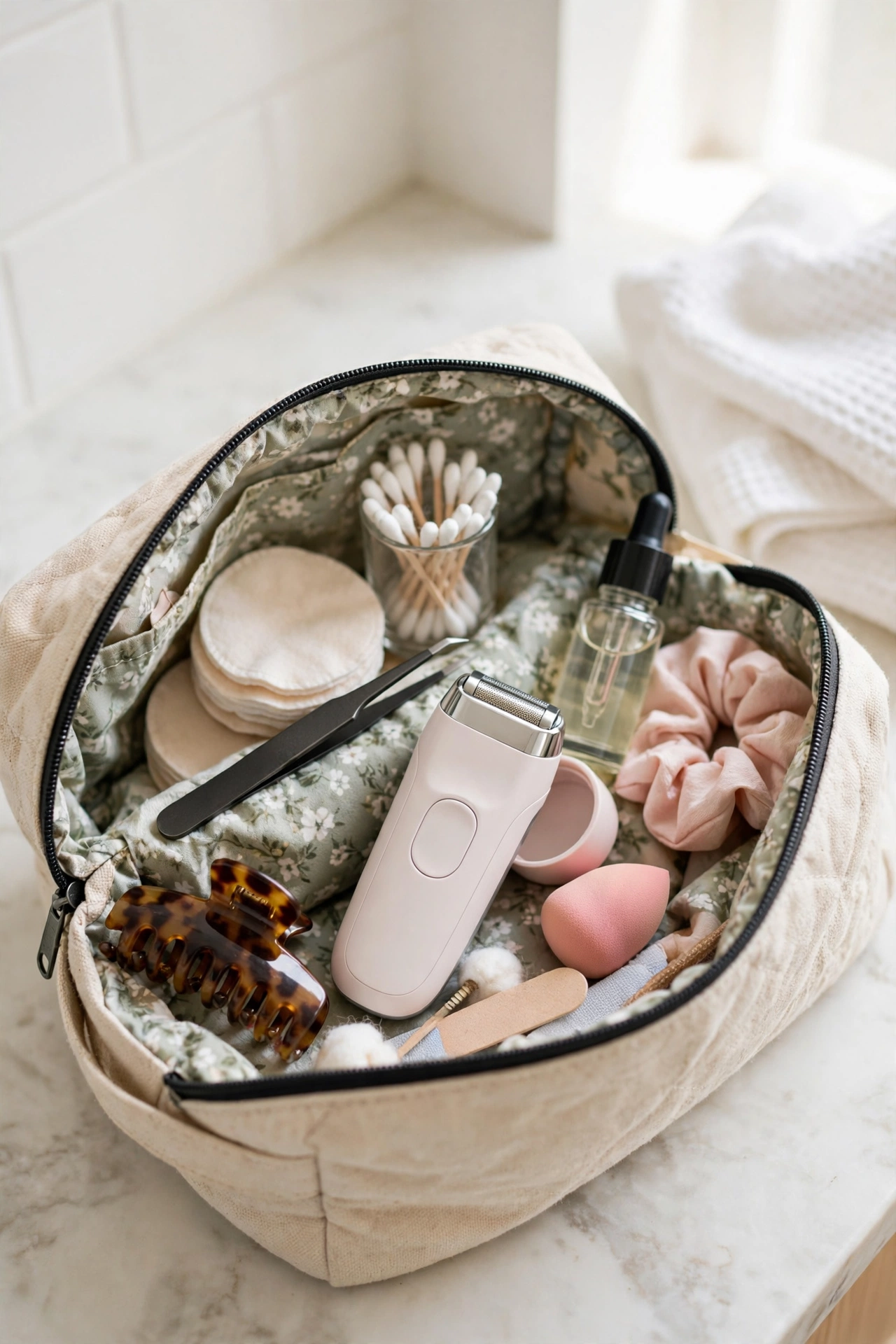 Compact cordless travel shaver in a toiletry bag