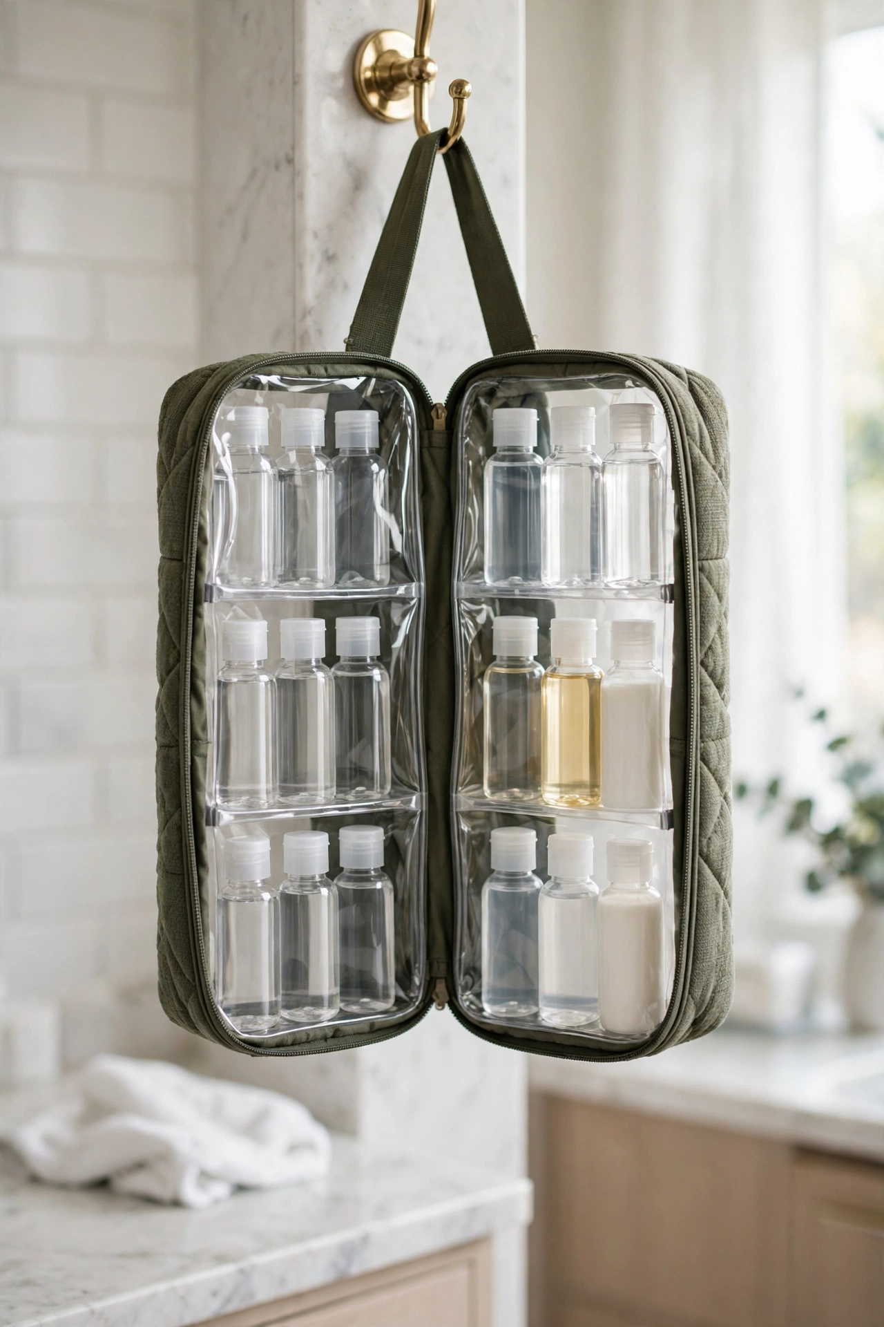 Hanging toiletry bag with clear compartments on a bathroom hook