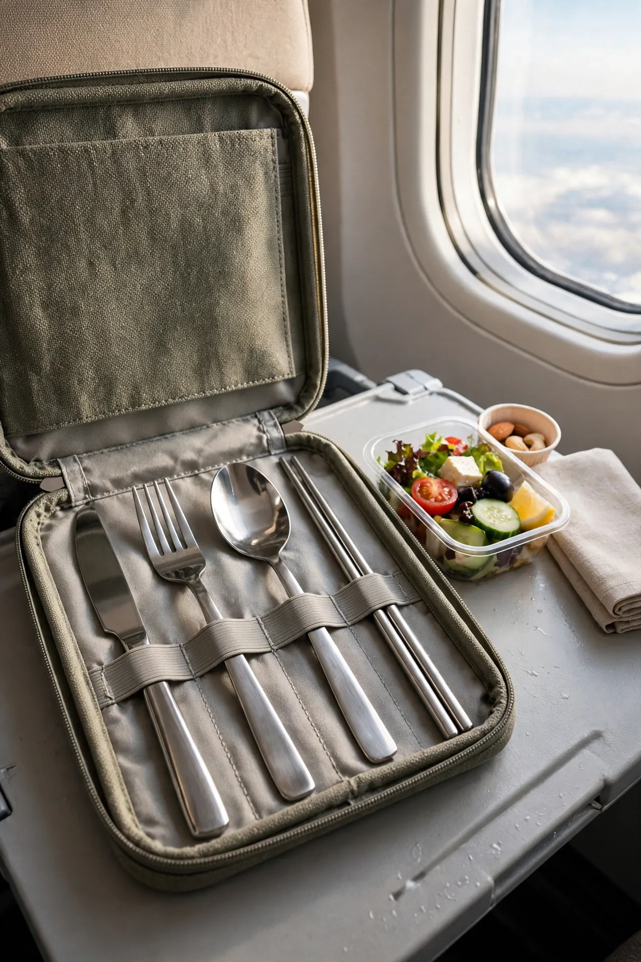 Portable cutlery set in a slim travel case