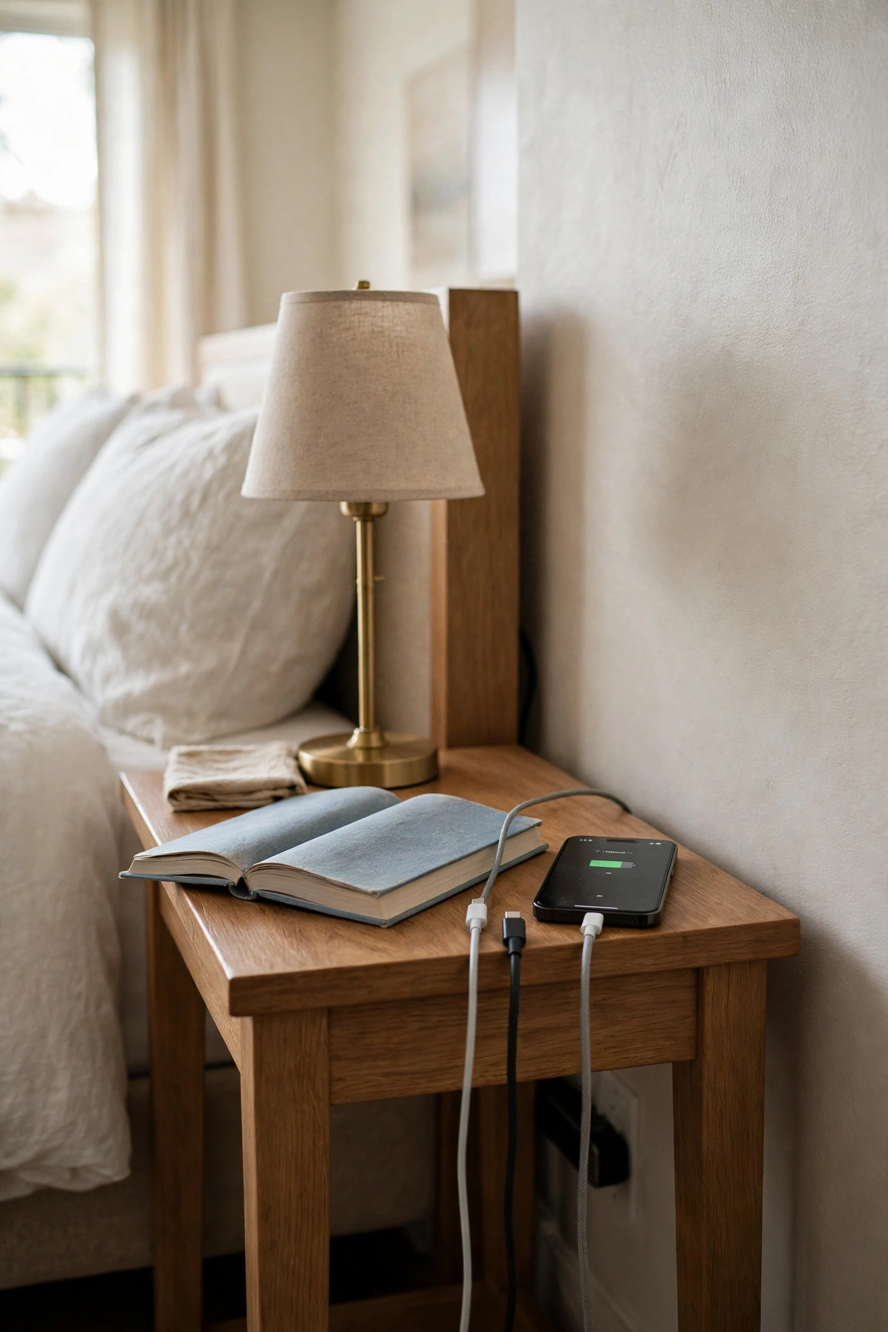 Flat plug power strip behind a hotel bedside table