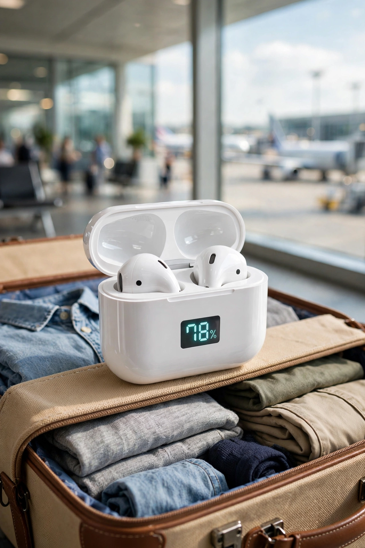Wireless earbuds in a charging case with a battery display