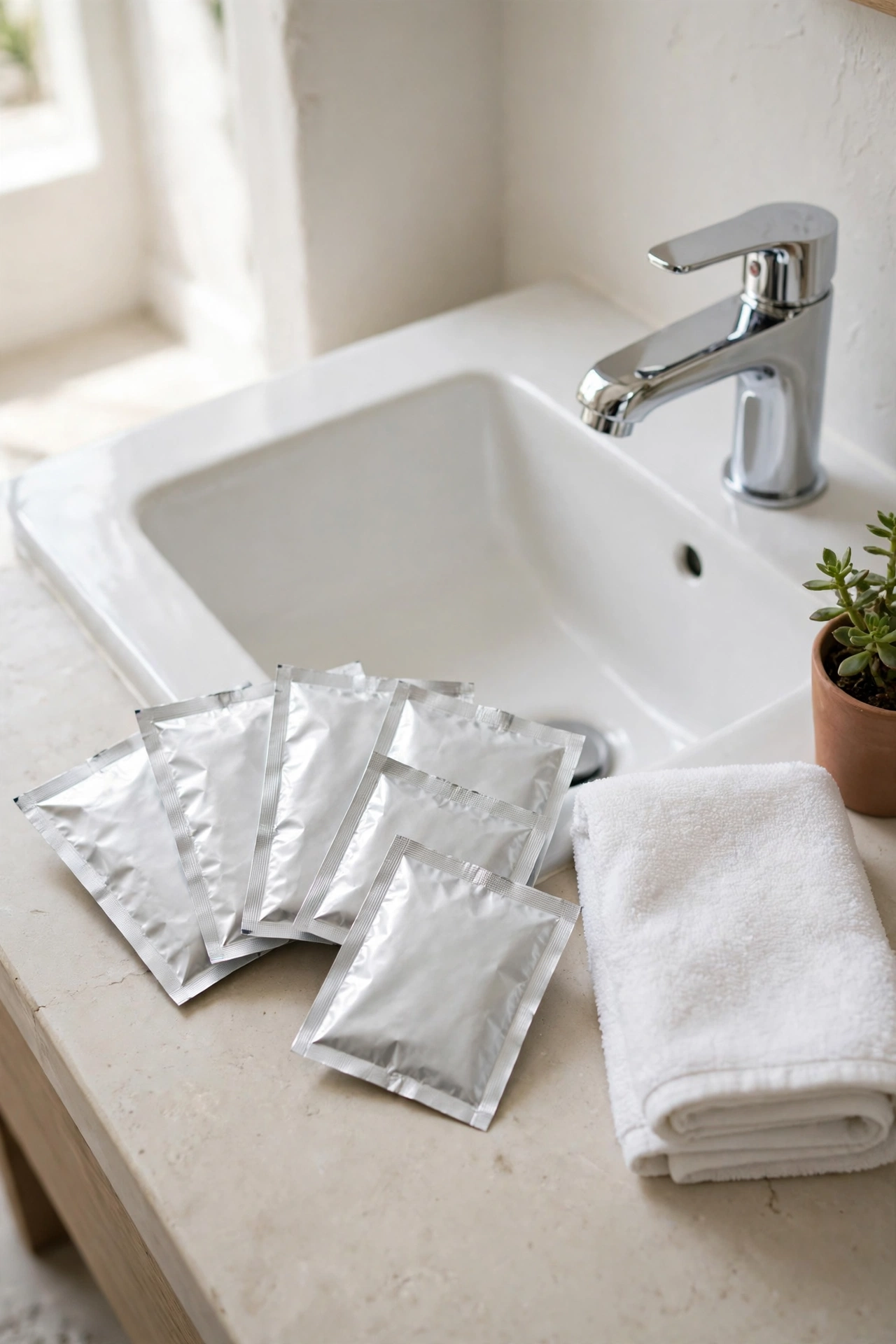 Travel laundry packets beside a hotel sink