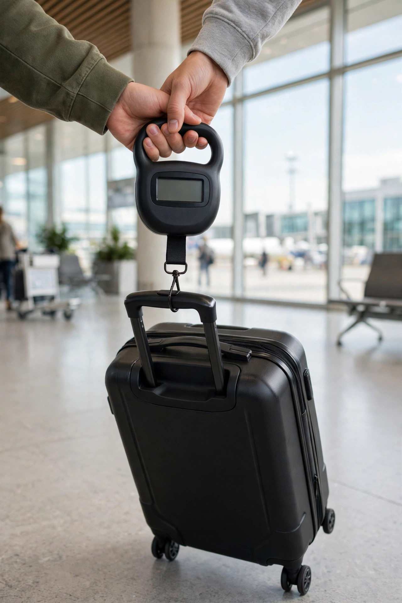 Handheld digital luggage scale weighing a suitcase