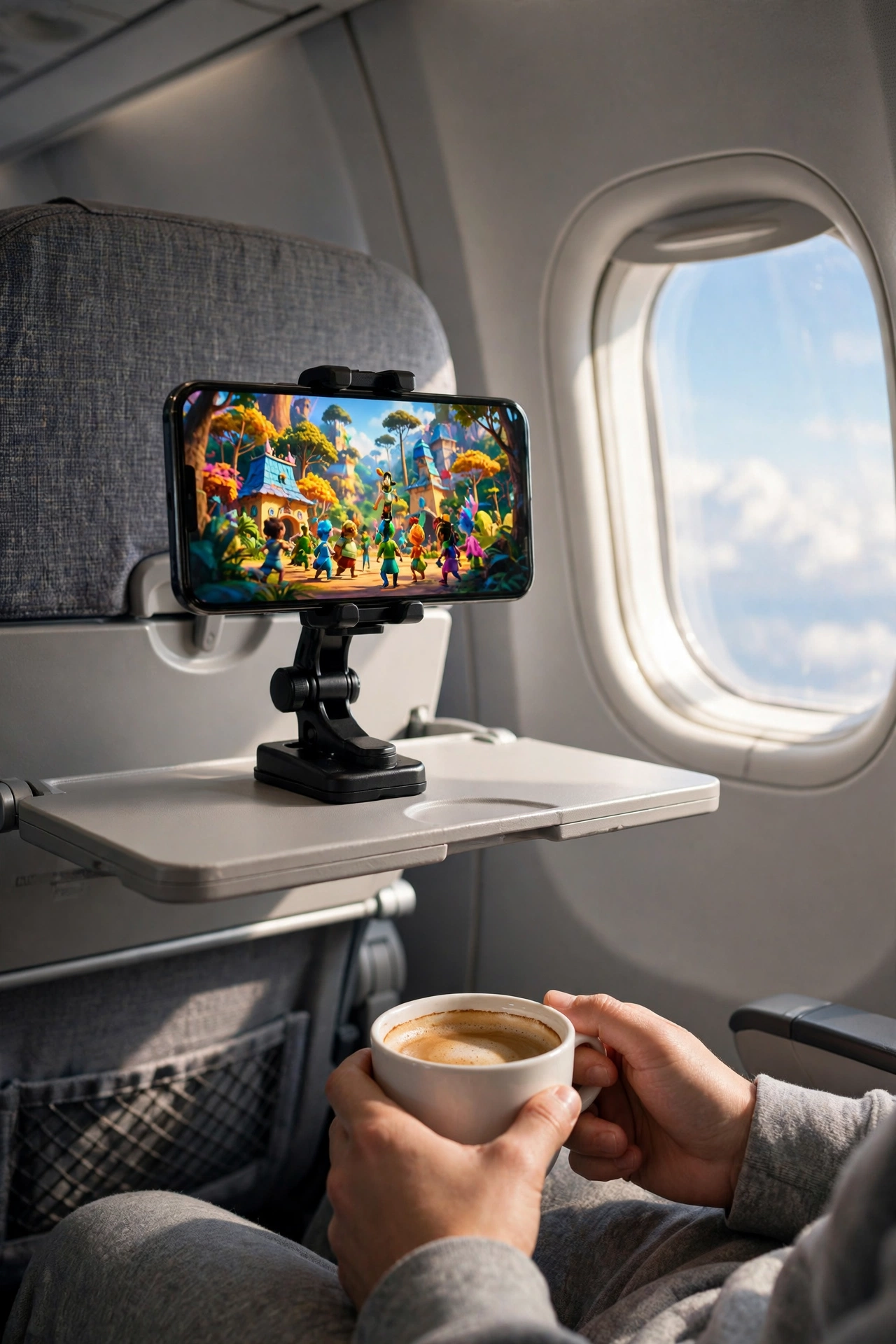 Phone mounted hands-free on an airplane tray table