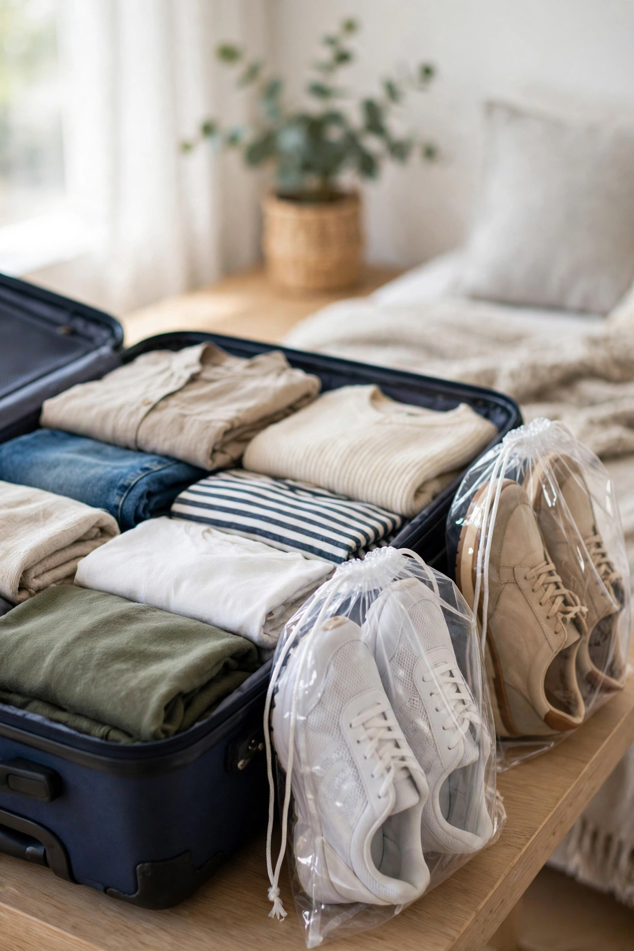 Clear drawstring shoe bags packed in a suitcase