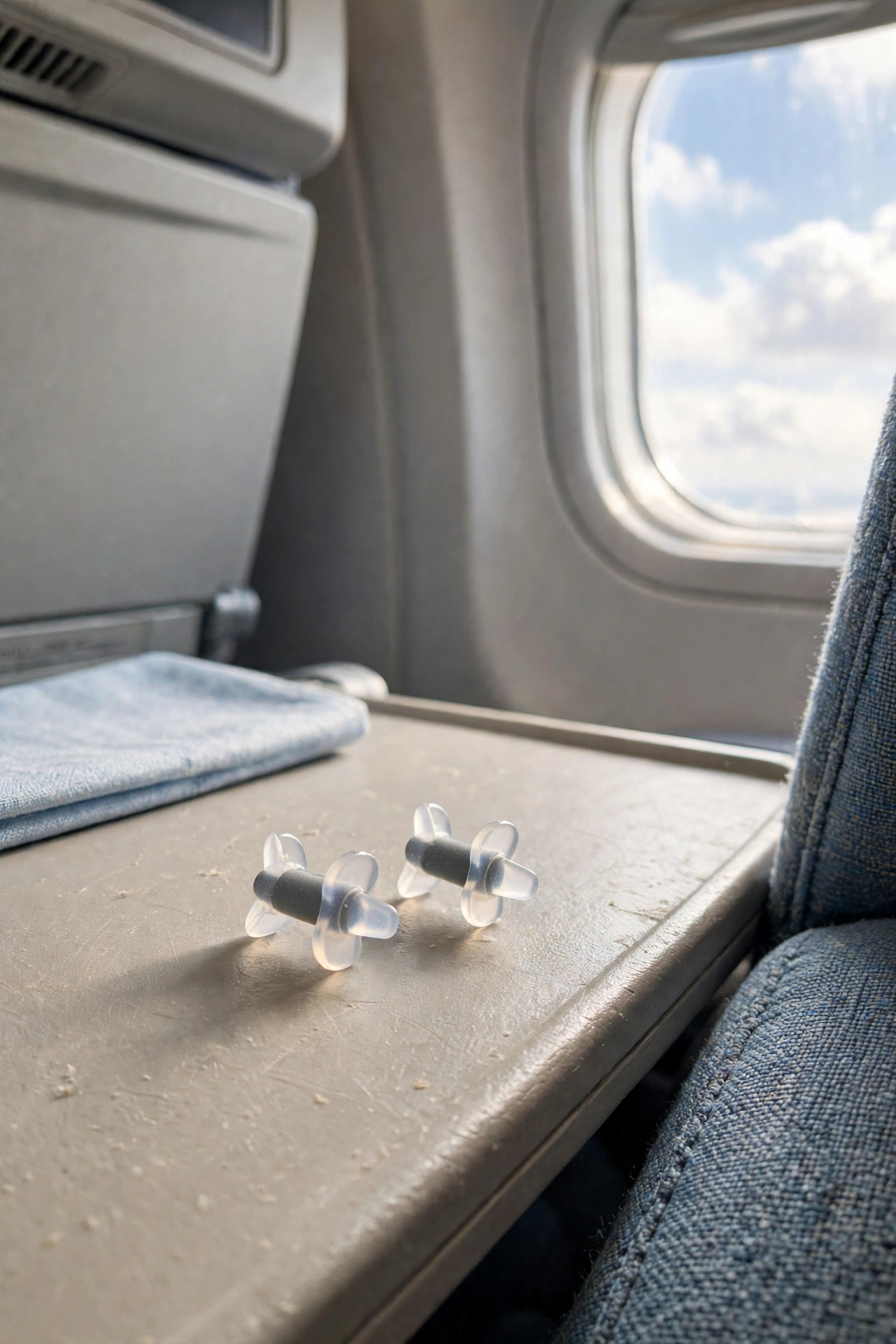 Ear pressure-relief plugs beside an airplane window