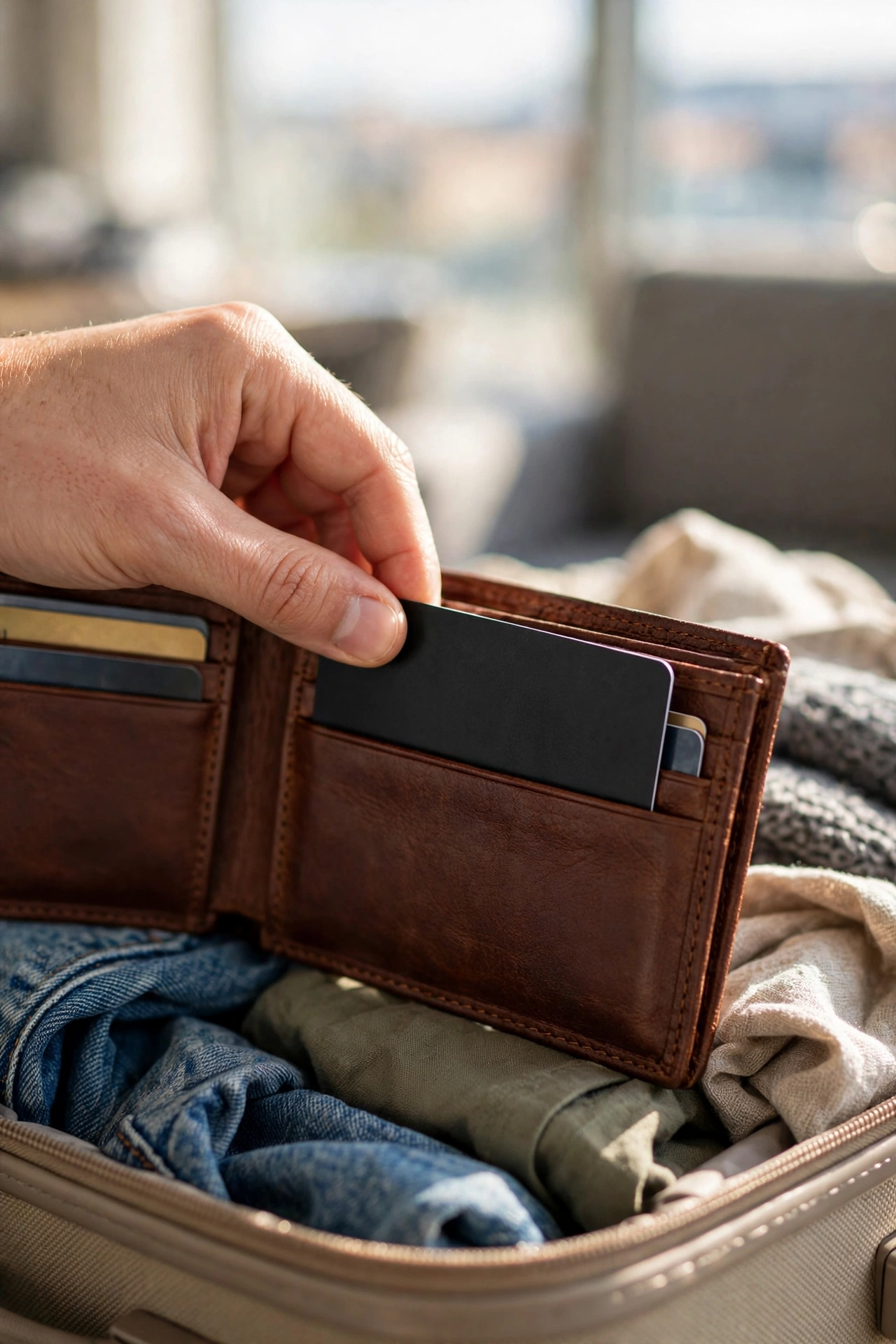 Thin tracker card sliding into a wallet