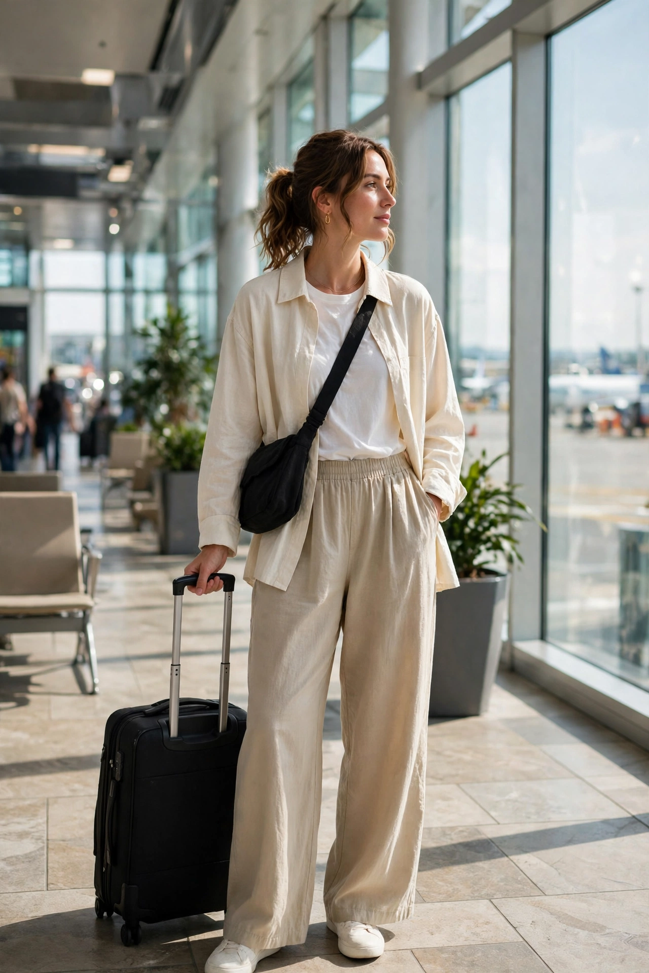 Loose pull-on barrel pants worn at an airport