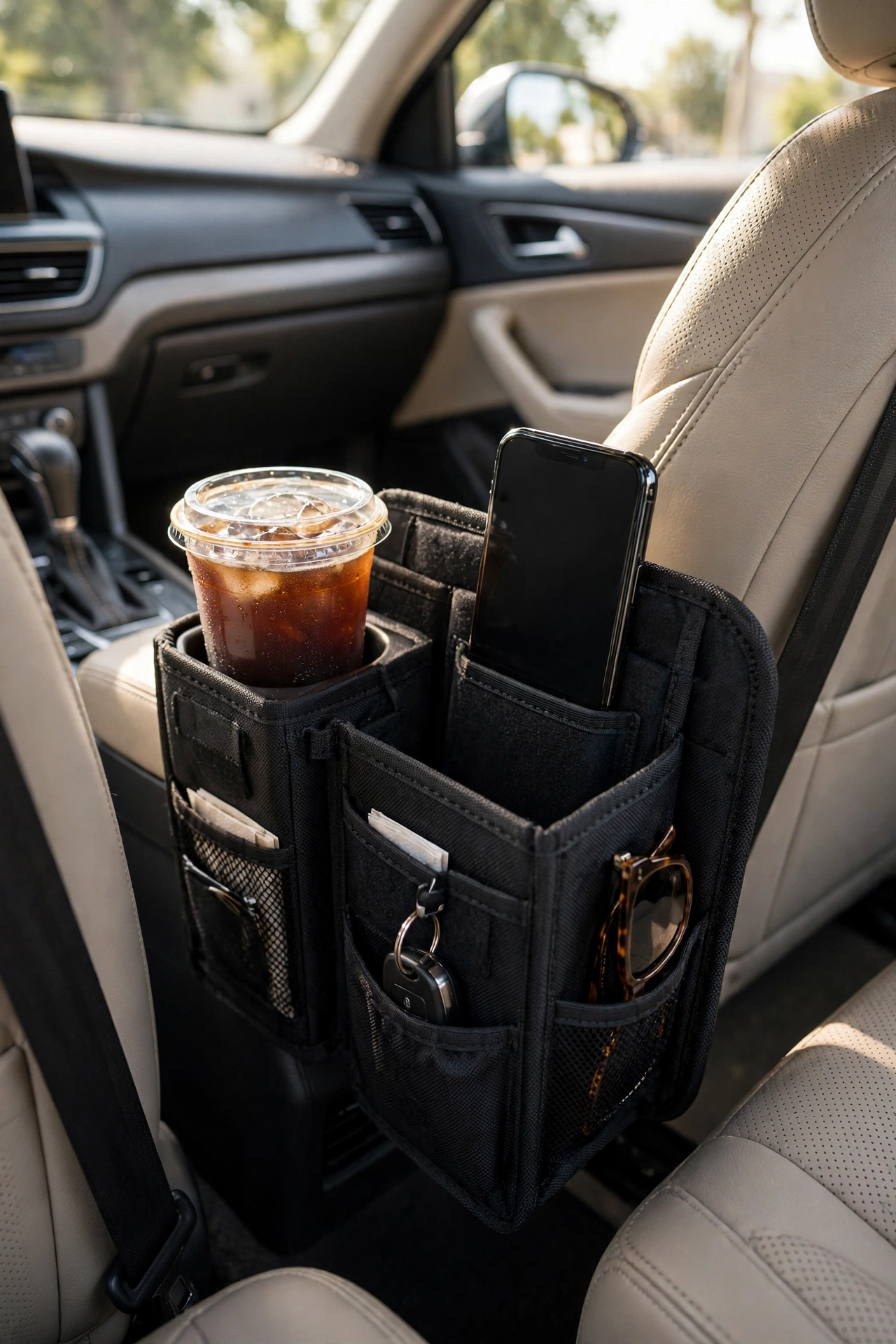 Car seat gap organizer with cup holder and phone slot