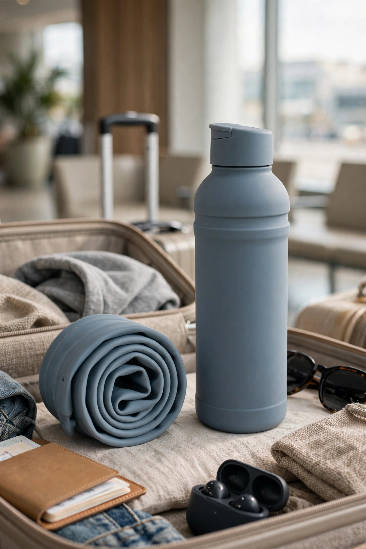 Collapsible silicone water bottle rolled up beside its full size