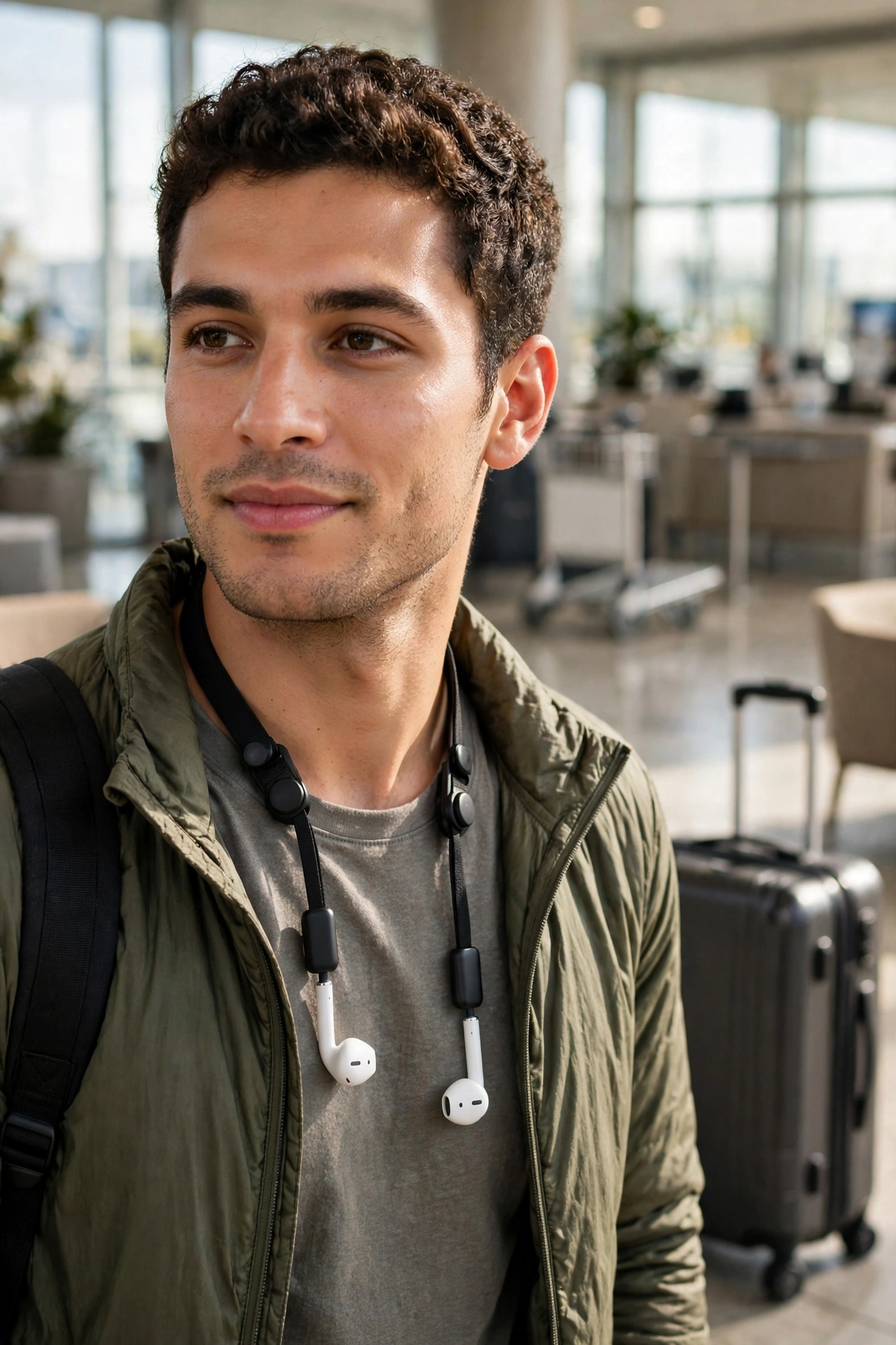 Magnetic anti-loss strap holding wireless earbuds around a neck