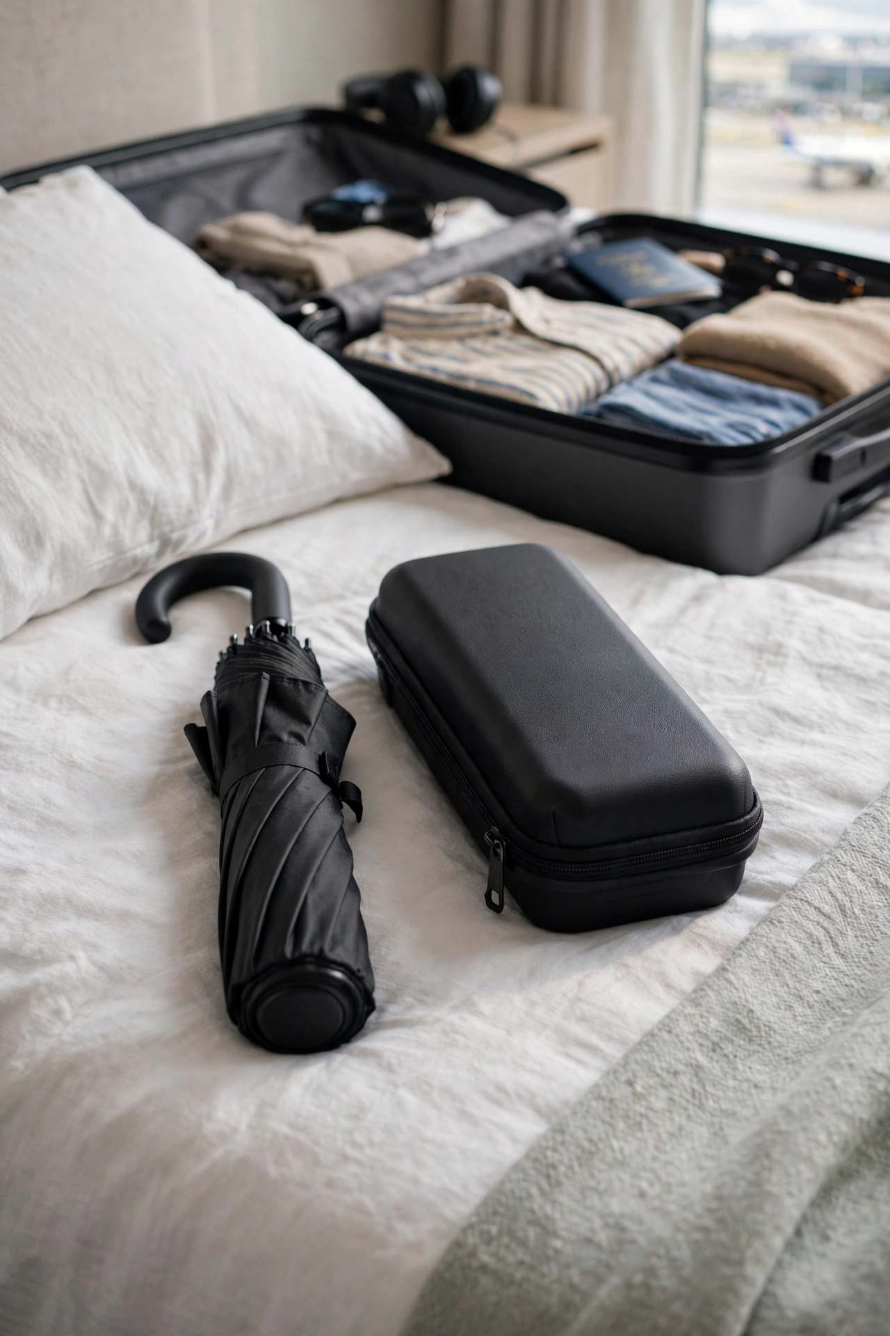 Compact travel umbrella in a hard zip case