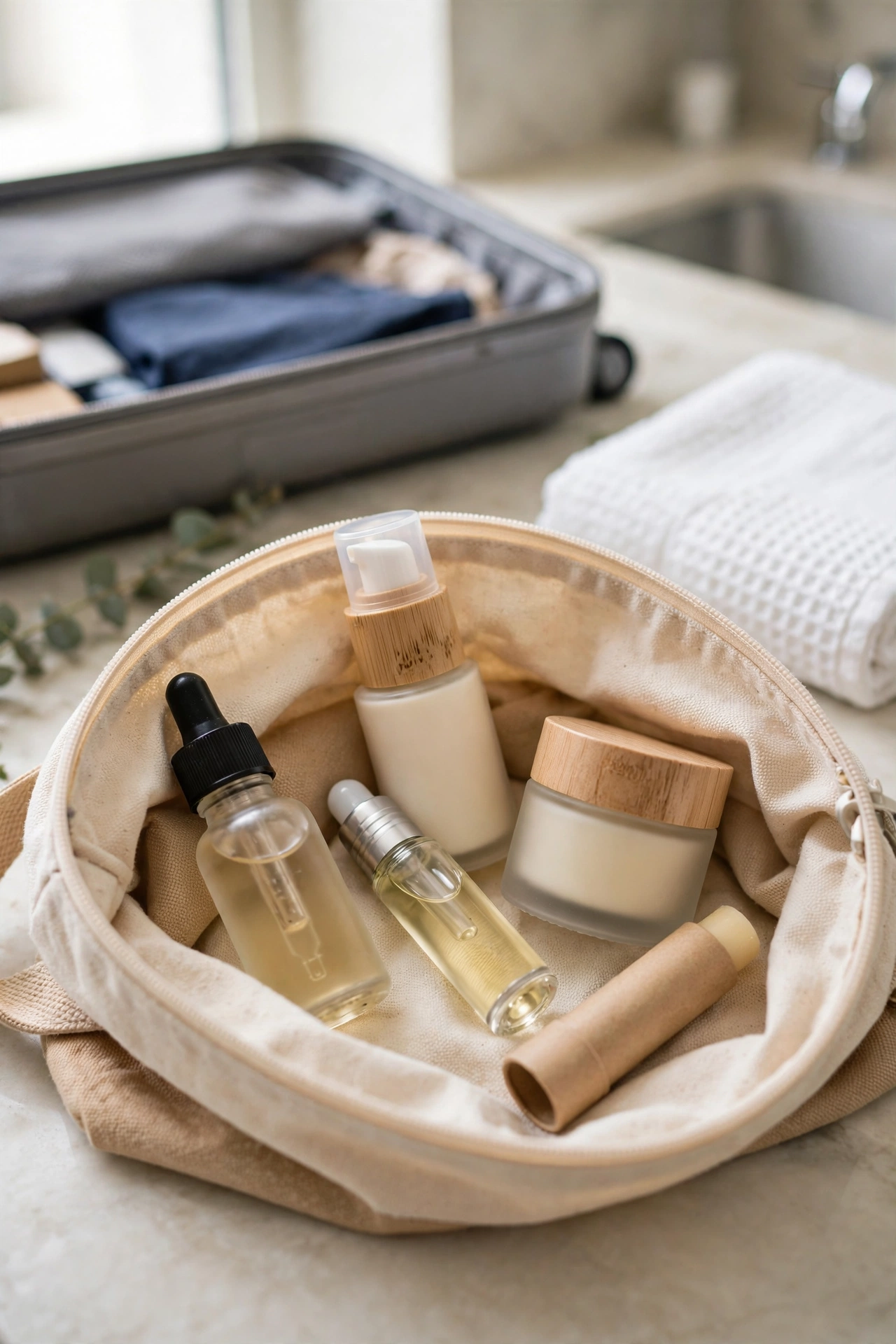 Travel-size natural skincare essentials in a washbag
