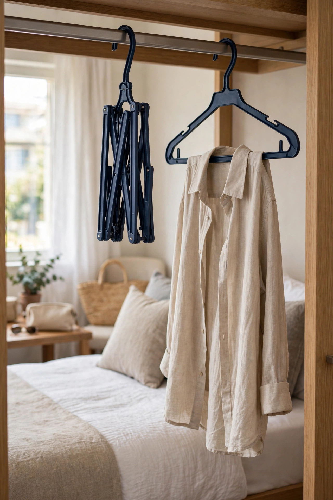 Folding travel hangers, folded and open, on a hotel rail