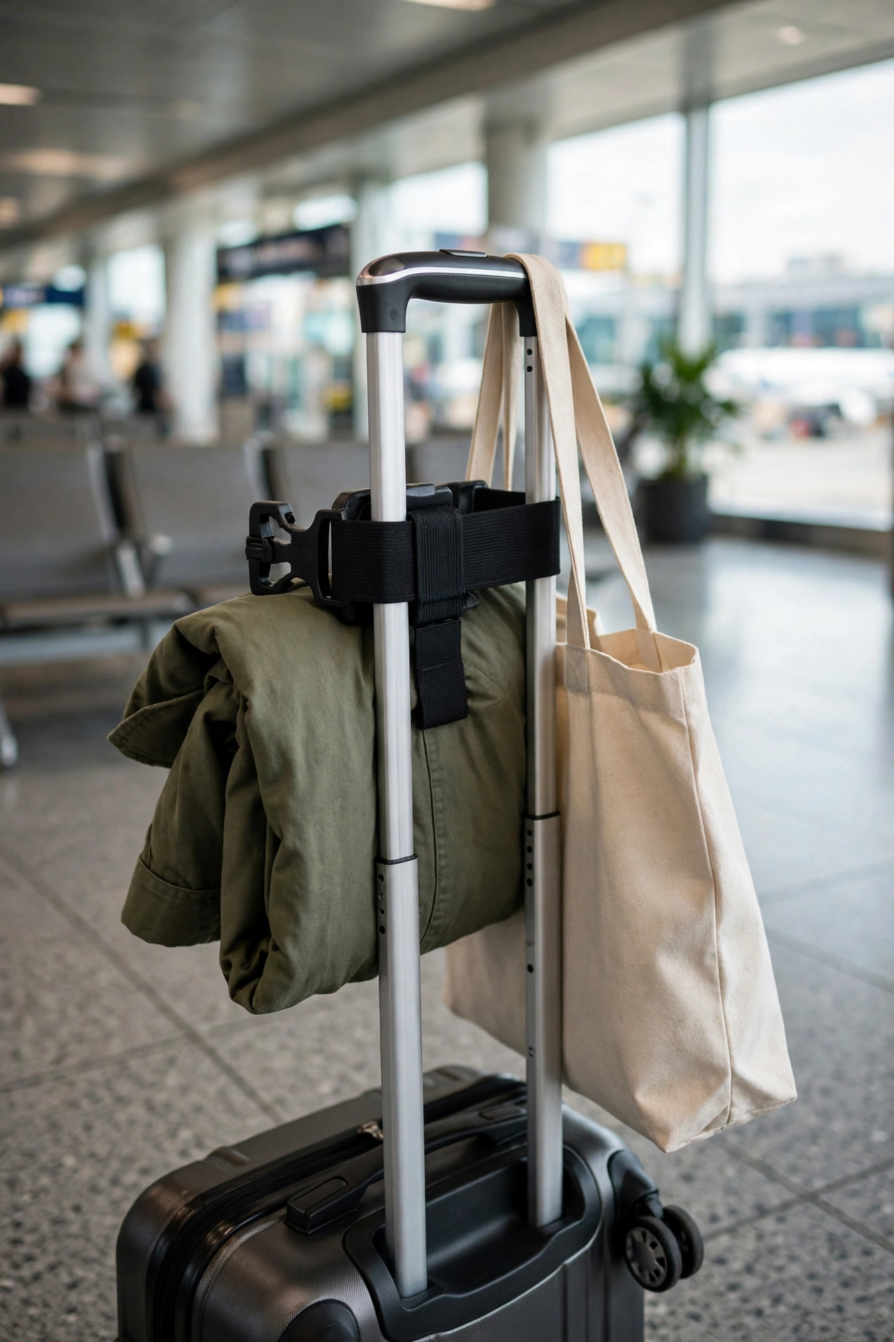 Luggage strap gripper holding a jacket and extra bag on a suitcase