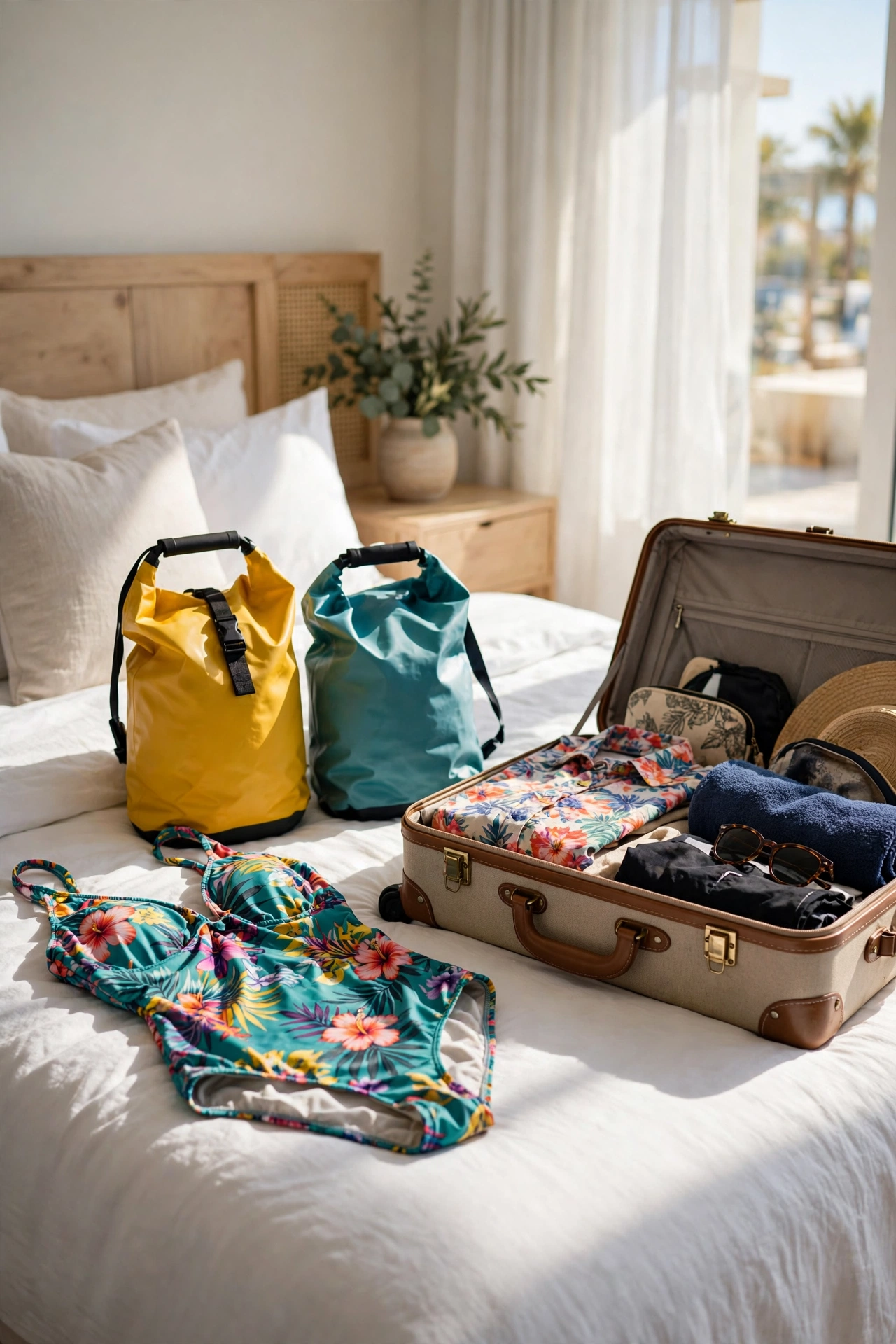 Waterproof wet bags with a swimsuit beside a suitcase