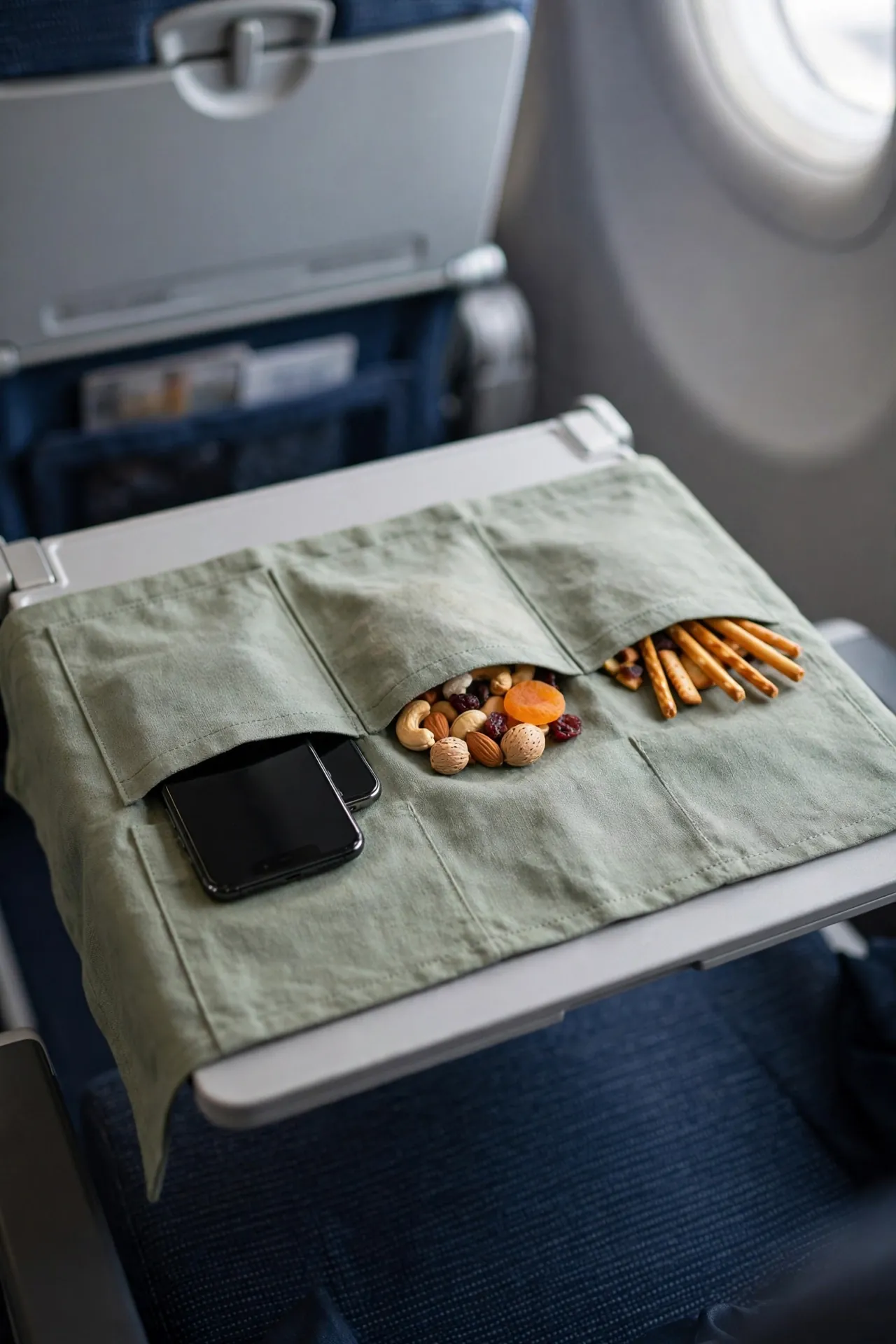 Fabric tray-table cover with pockets slipped over an airplane tray