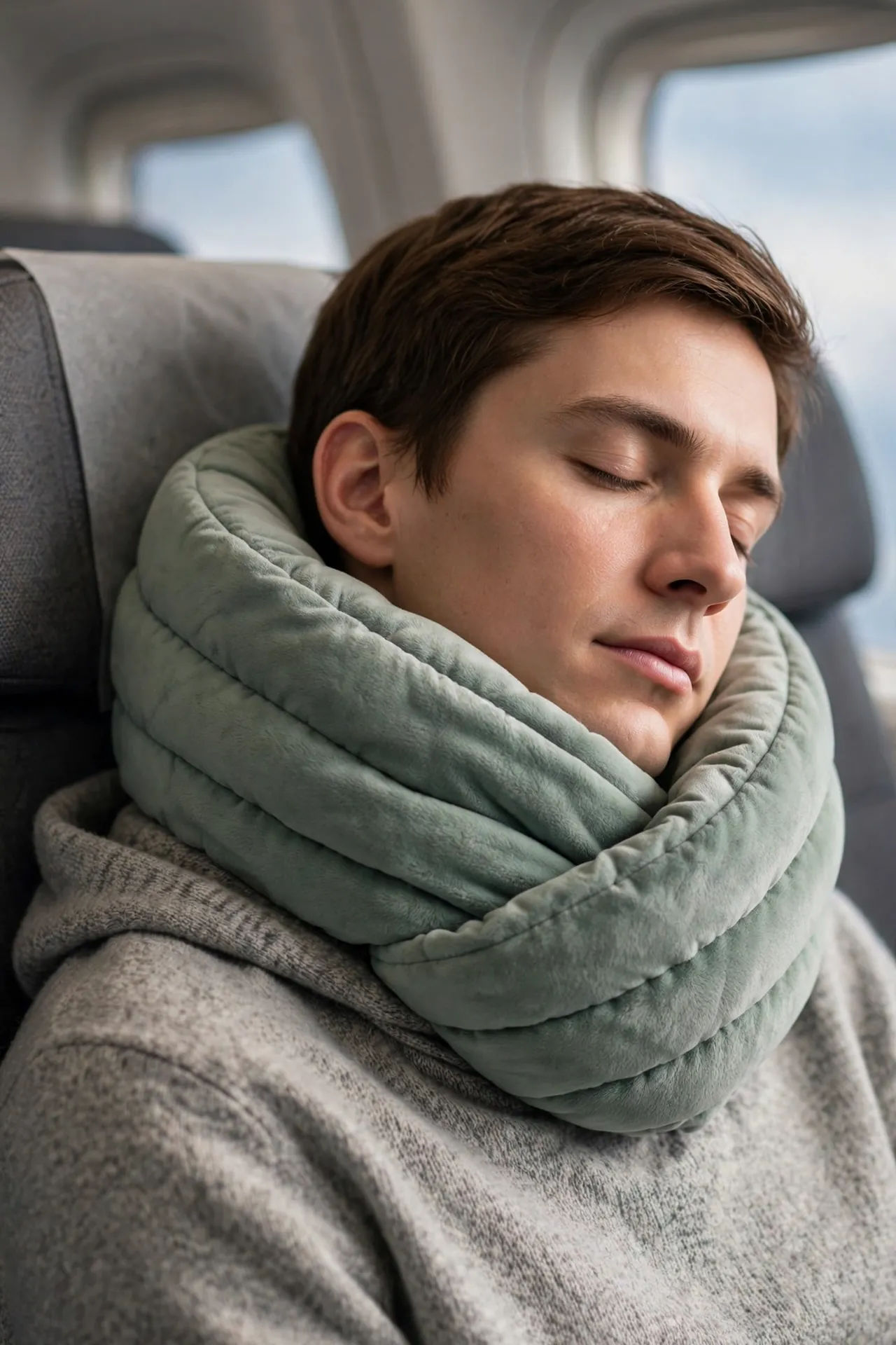 Scarf-like wrap neck pillow worn on a plane