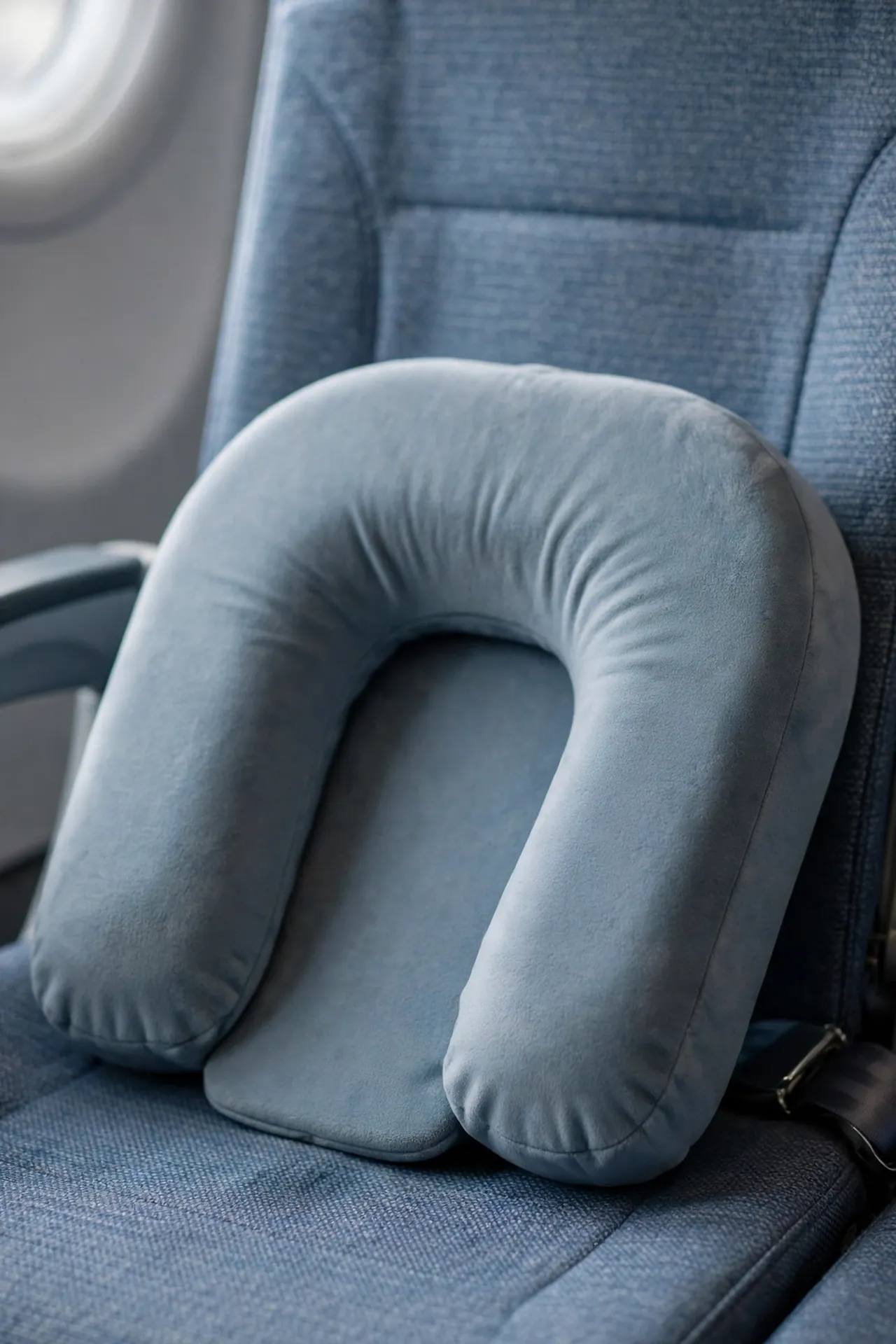 Flat-back neck pillow on an airplane seat