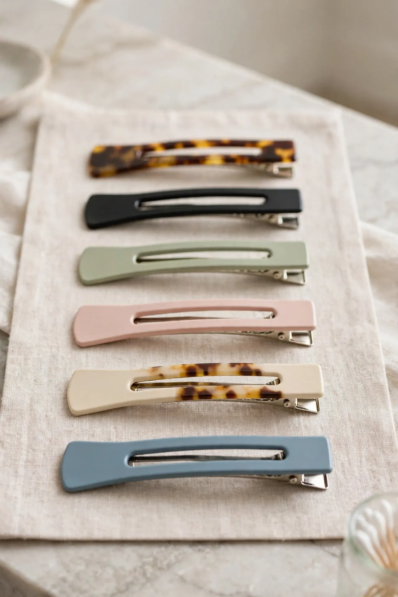 Set of flat duckbill hair clips on a vanity