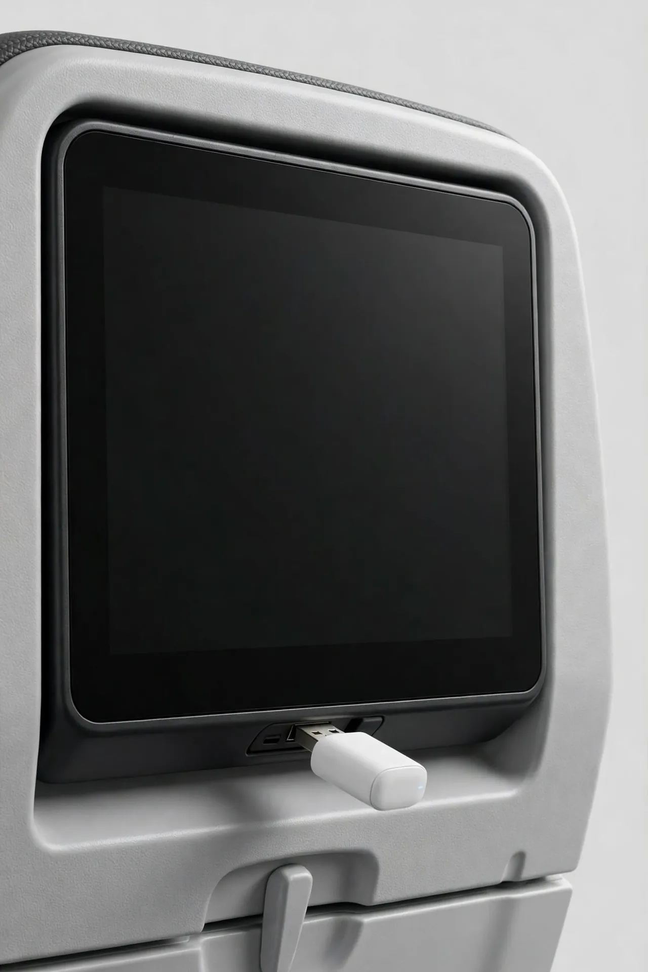 Small white Bluetooth adapter plugged into an airplane seatback screen
