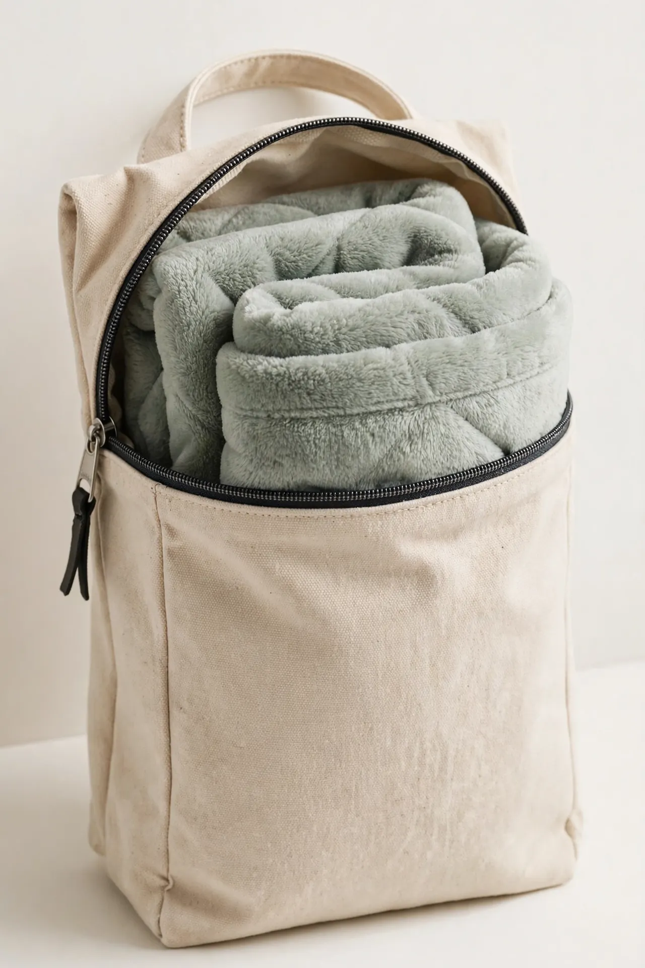 Soft travel blanket folded in its carry pouch