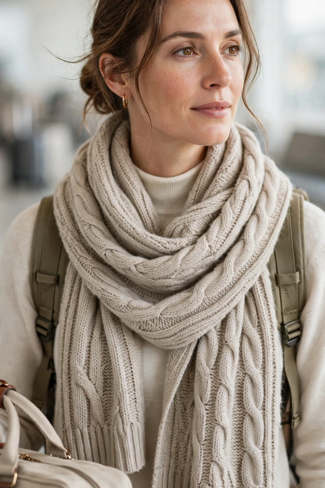 Woman wearing a draped shawl wrap as a scarf on a trip