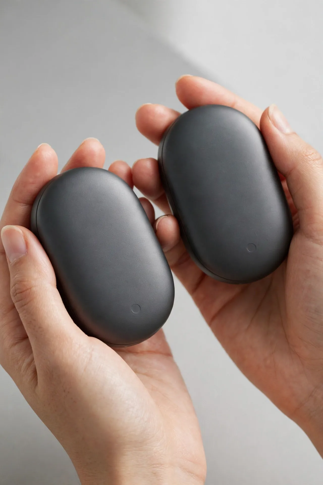 Pair of rechargeable hand warmers in hands