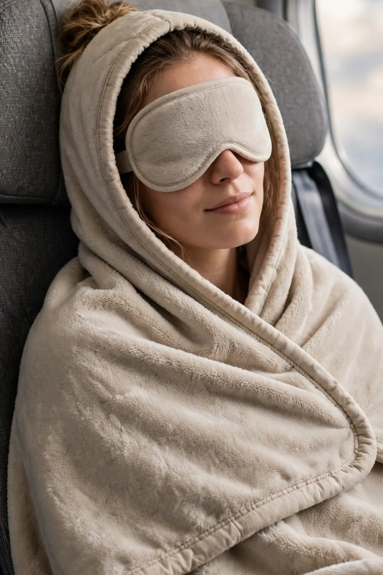 Traveler on a plane wearing a blanket wrap with built-in eye mask