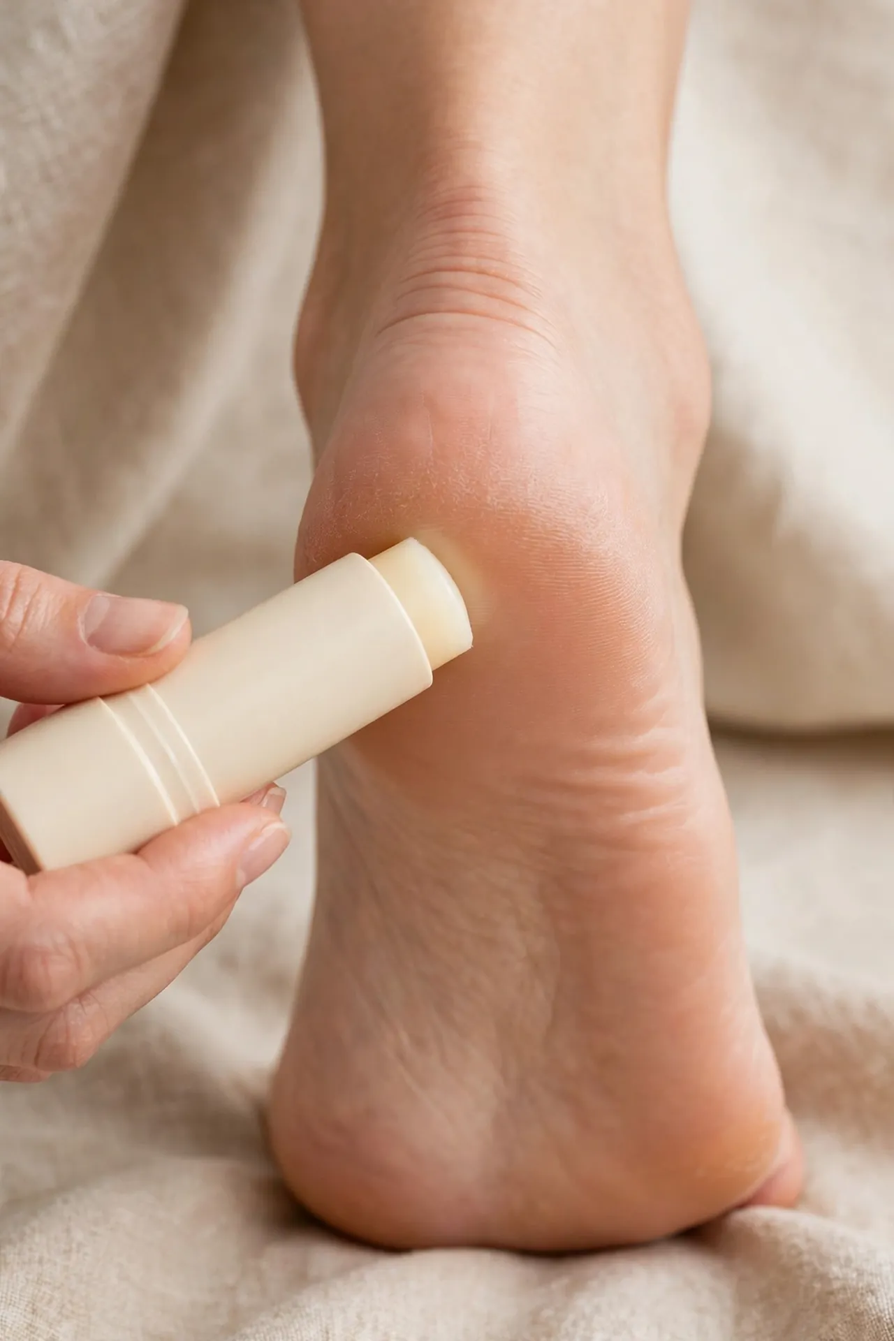 Anti-blister balm stick being applied to a heel