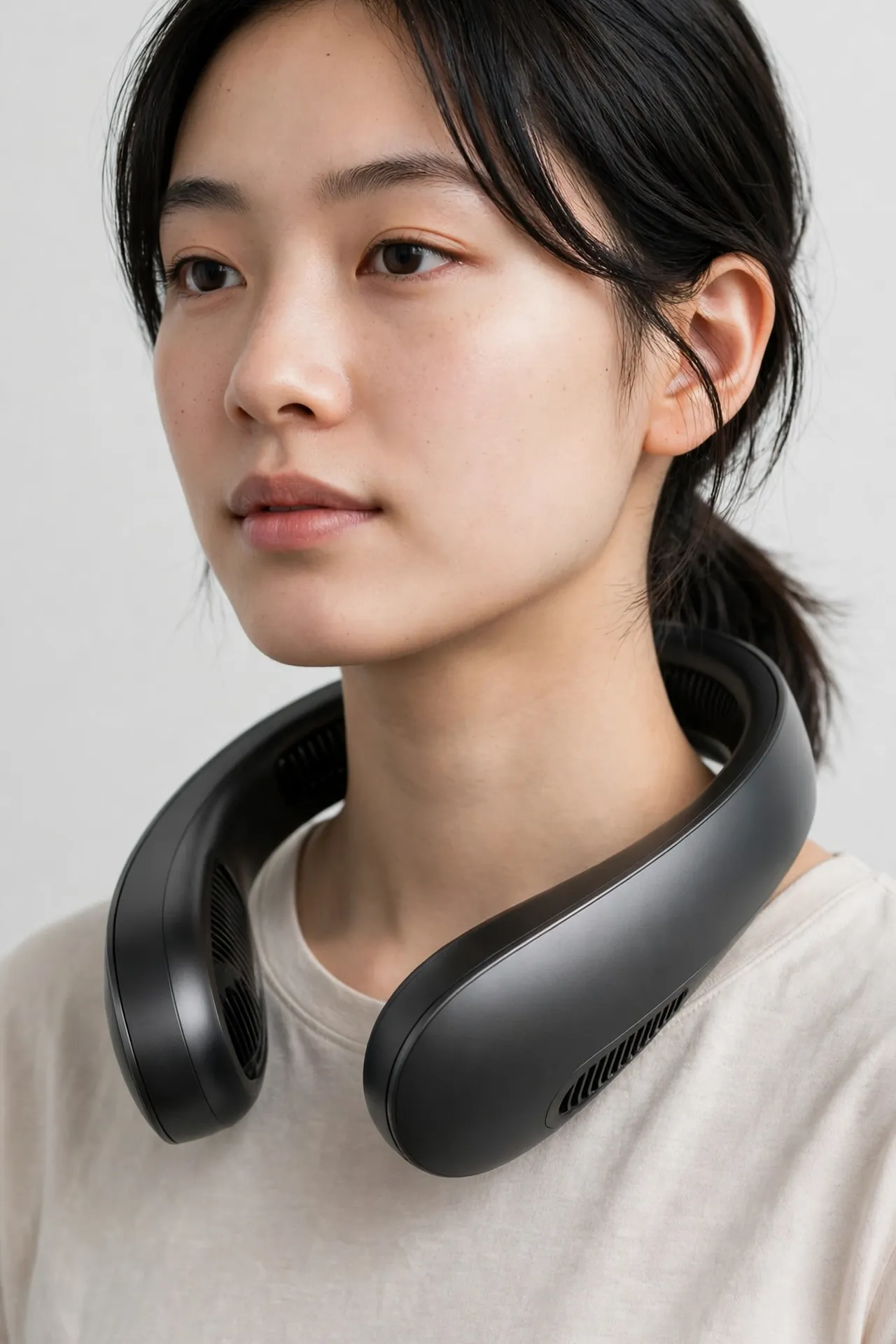 Person wearing a bladeless neck fan
